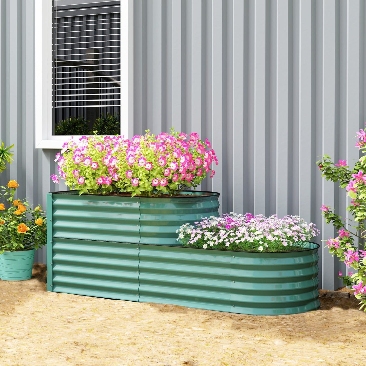2-Tier Raised Garden Bed, Outdoor Galvanised Planter Box with Safety Edging and Gloves, Metal Raised Bed with Open Bottom for Vegetables, Flowers, Fruits and Herbs, Dark Green