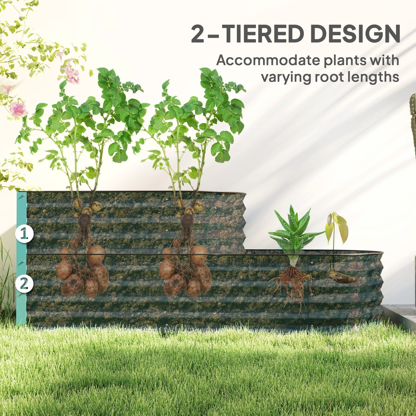 2-Tier Raised Garden Bed, Outdoor Galvanised Planter Box with Safety Edging and Gloves, Metal Raised Bed with Open Bottom for Vegetables, Flowers, Fruits and Herbs, Dark Green