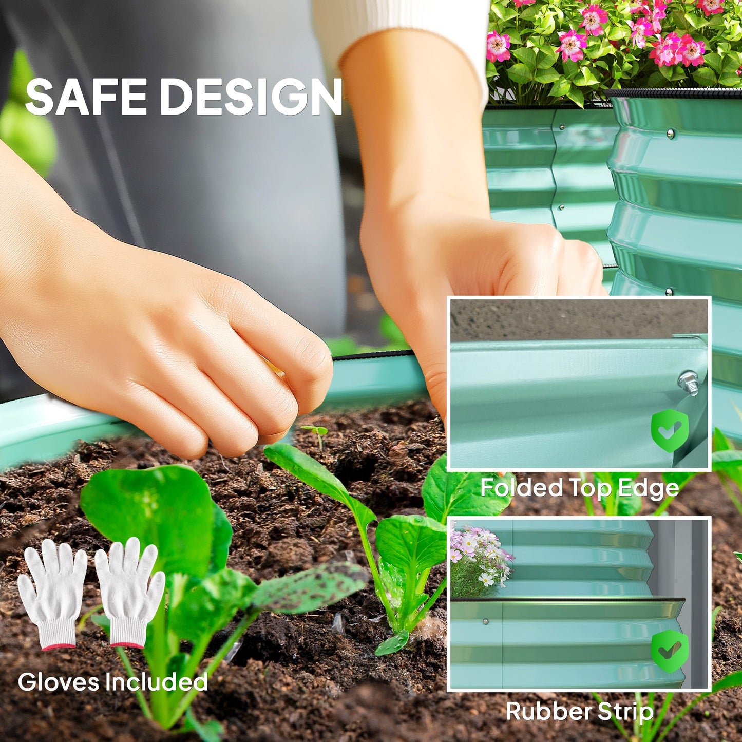 2-Tier Raised Garden Bed, Outdoor Galvanised Planter Box with Safety Edging and Gloves, Metal Raised Bed with Open Bottom for Vegetables, Flowers, Fruits and Herbs, Dark Green