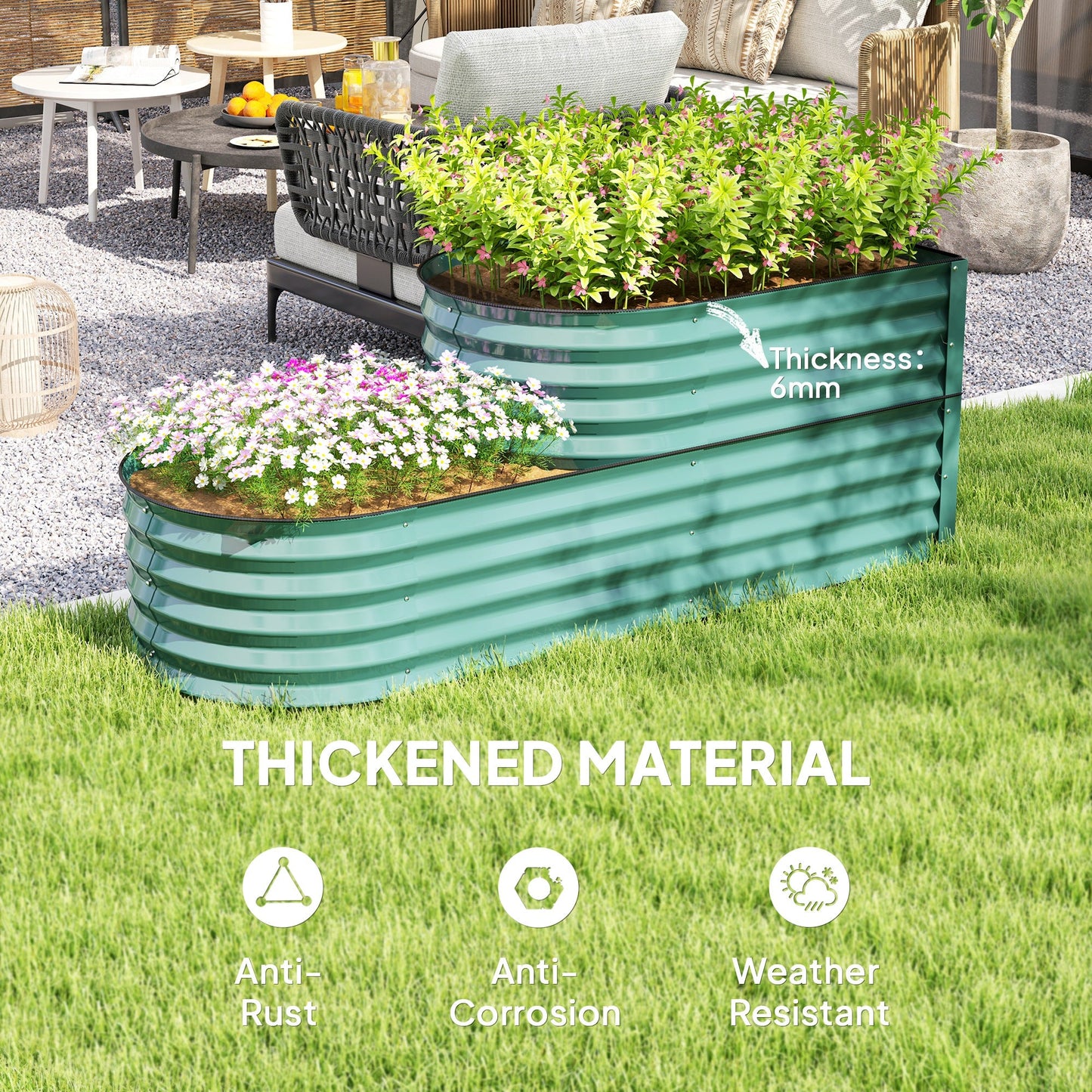 2-Tier Raised Garden Bed, Outdoor Galvanised Planter Box with Safety Edging and Gloves, Metal Raised Bed with Open Bottom for Vegetables, Flowers, Fruits and Herbs, Dark Green
