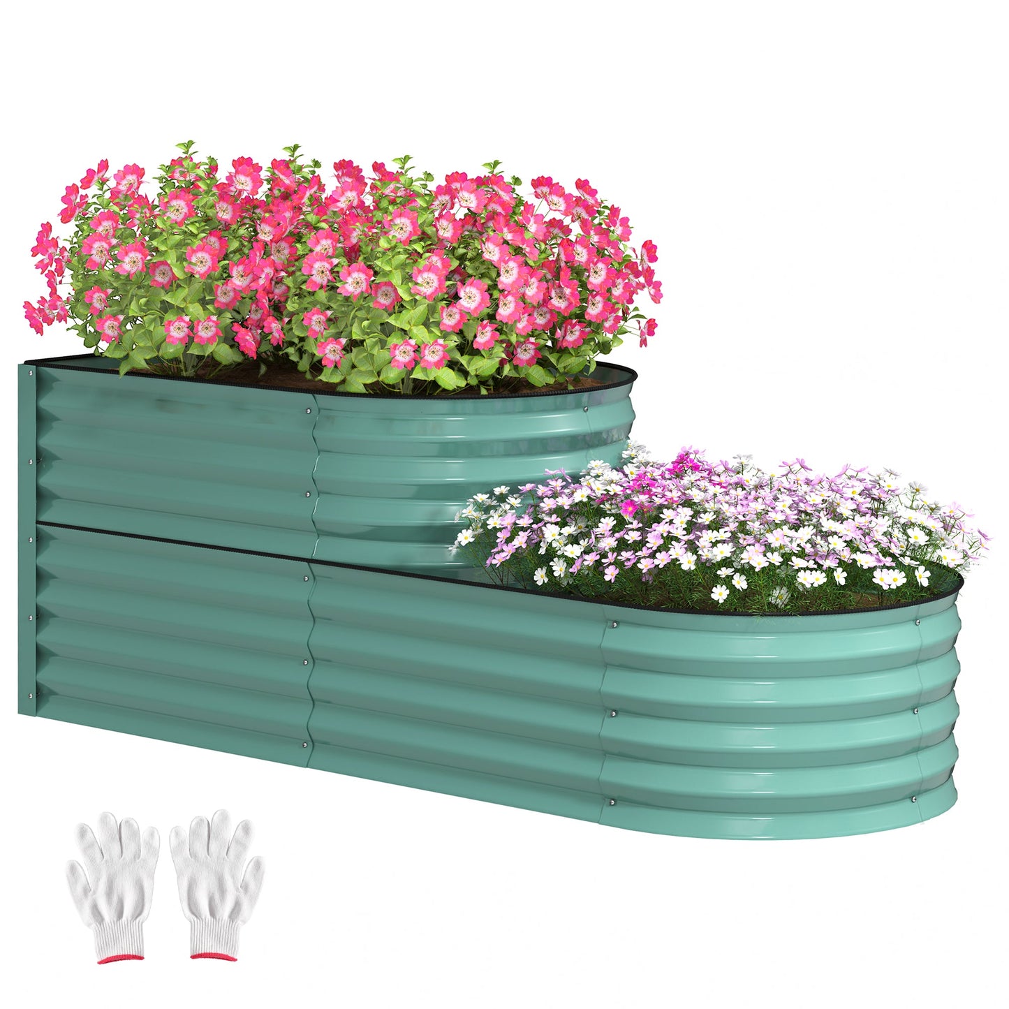 2-Tier Raised Garden Bed, Outdoor Galvanised Planter Box with Safety Edging and Gloves, Metal Raised Bed with Open Bottom for Vegetables, Flowers, Fruits and Herbs, Dark Green