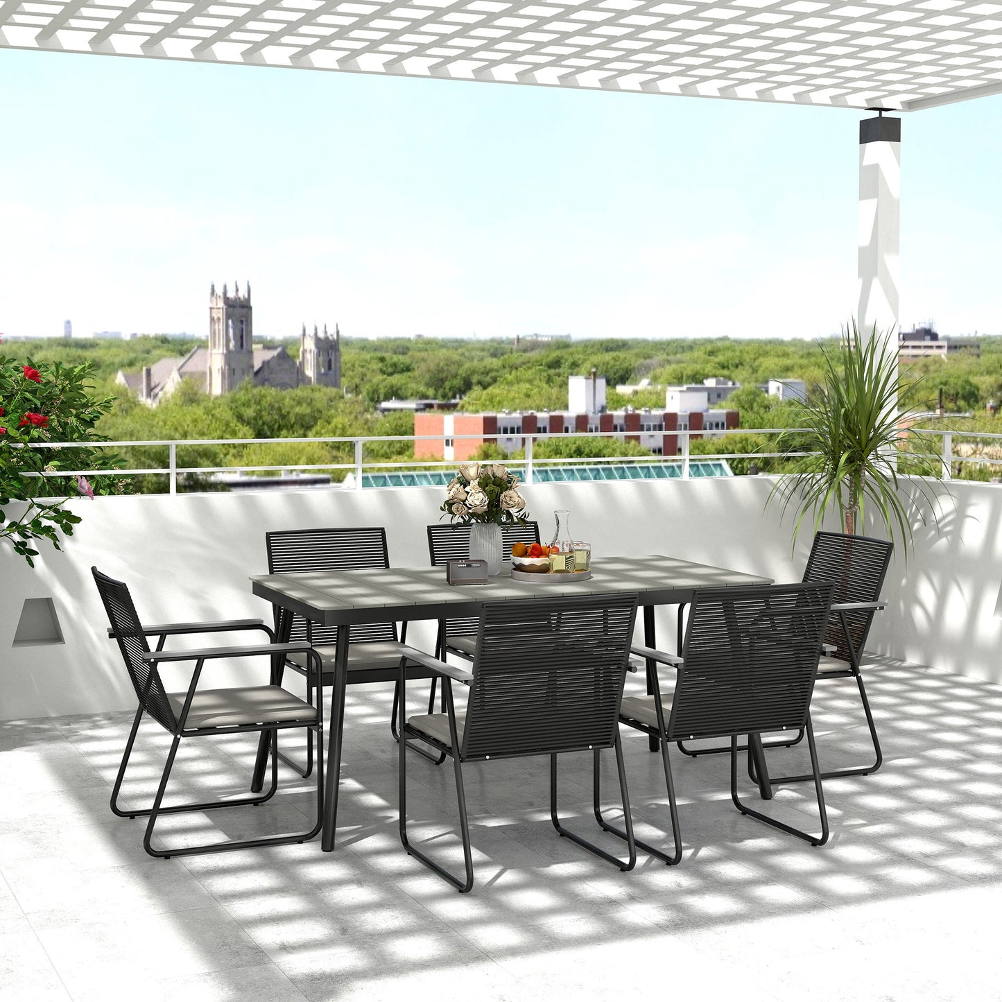 6 Seater Garden Dining Set with Soft Cushions, Rattan Backrest, Rectangular Plastic Top, Garden Furniture Set, Outdoor Dining Table and Chairs for Patio, Balcony, Poolside, Grey
