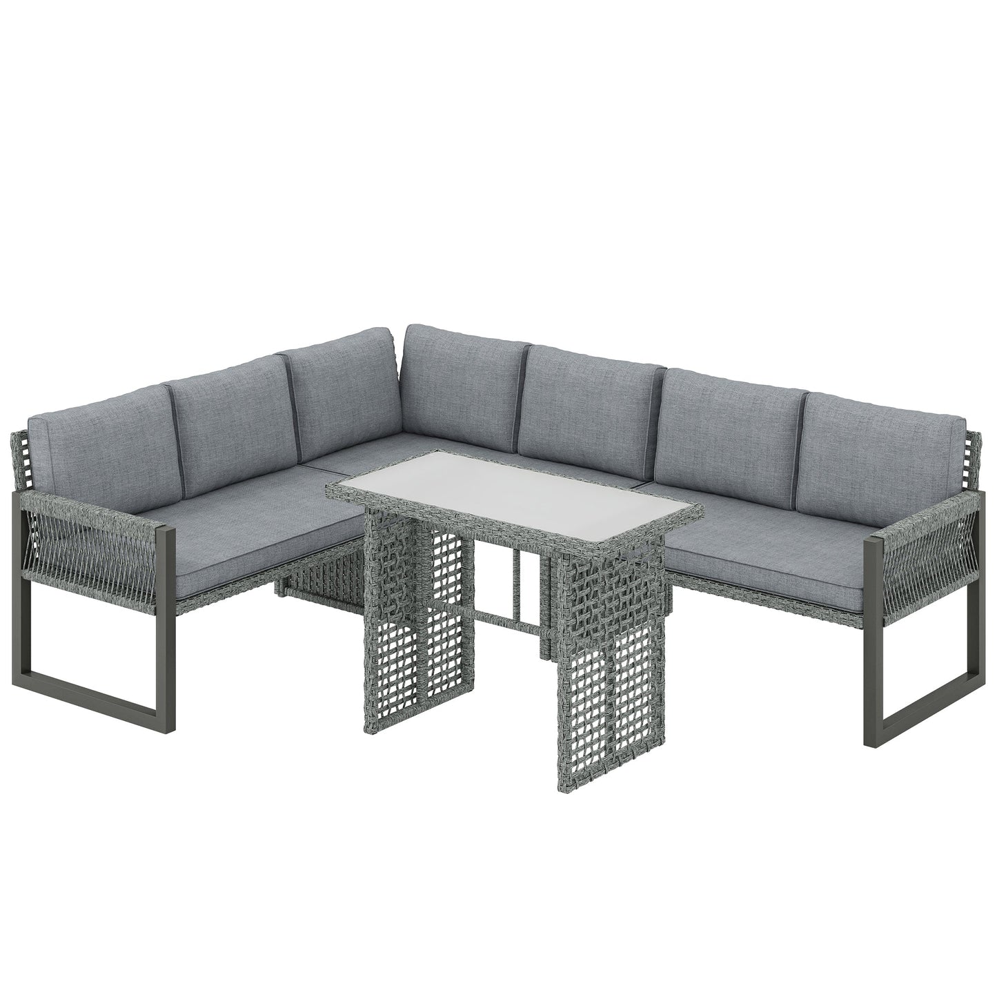6 Seater Rattan Garden Furniture Set with 3 Loveseats, Glass-Top Table, 4 Piece Outdoor Dining Patio Rattan Furniture Corner Sofa Set with Cushions for Conservatory, Grey