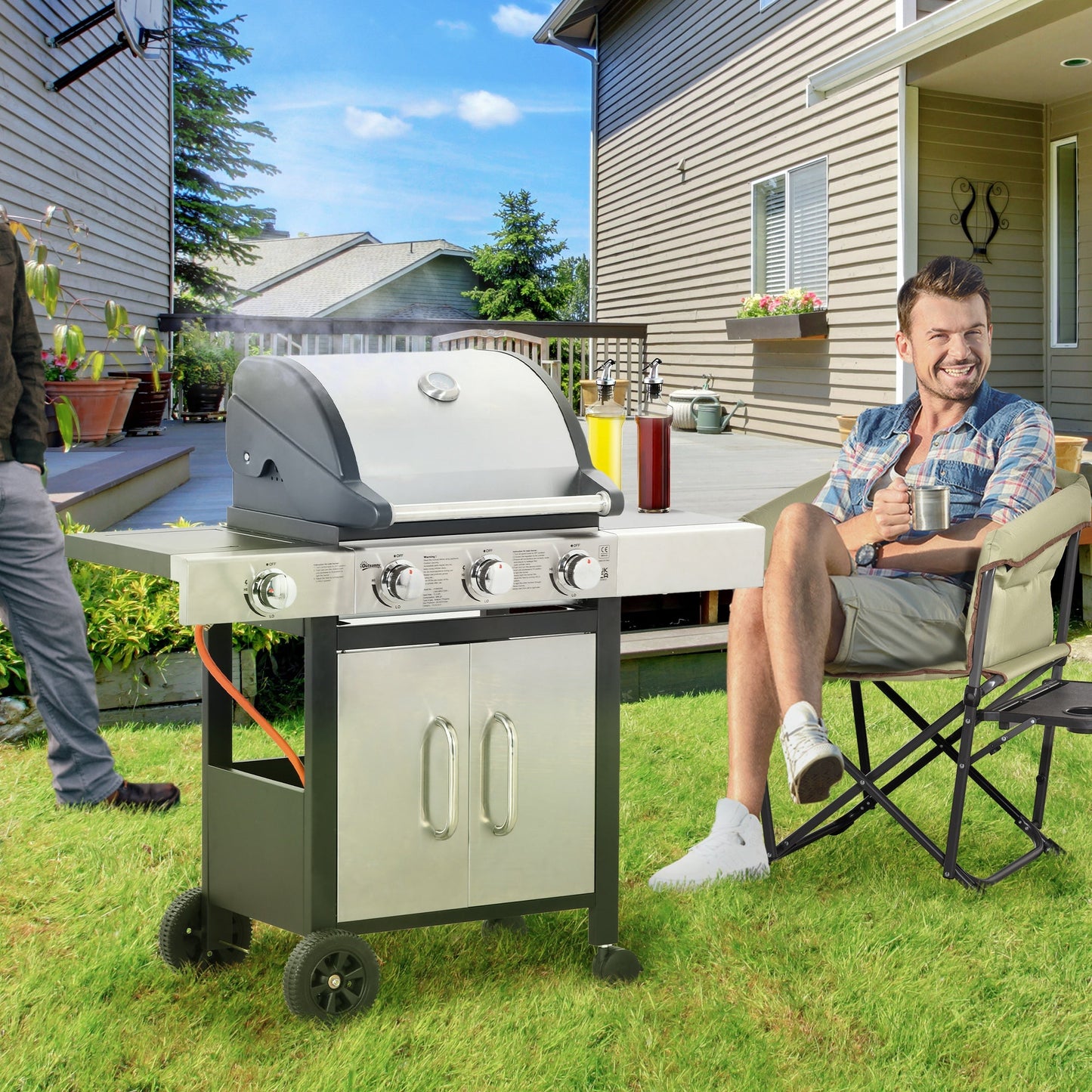 Gas Barbecue Grill 3+1 Burner Garden Smoker BBQ Trolley w/ Side Burner Warming Rack Side Shelves Storage Cabinet Piezo Ignition Thermometer Stainless Steel + Metal