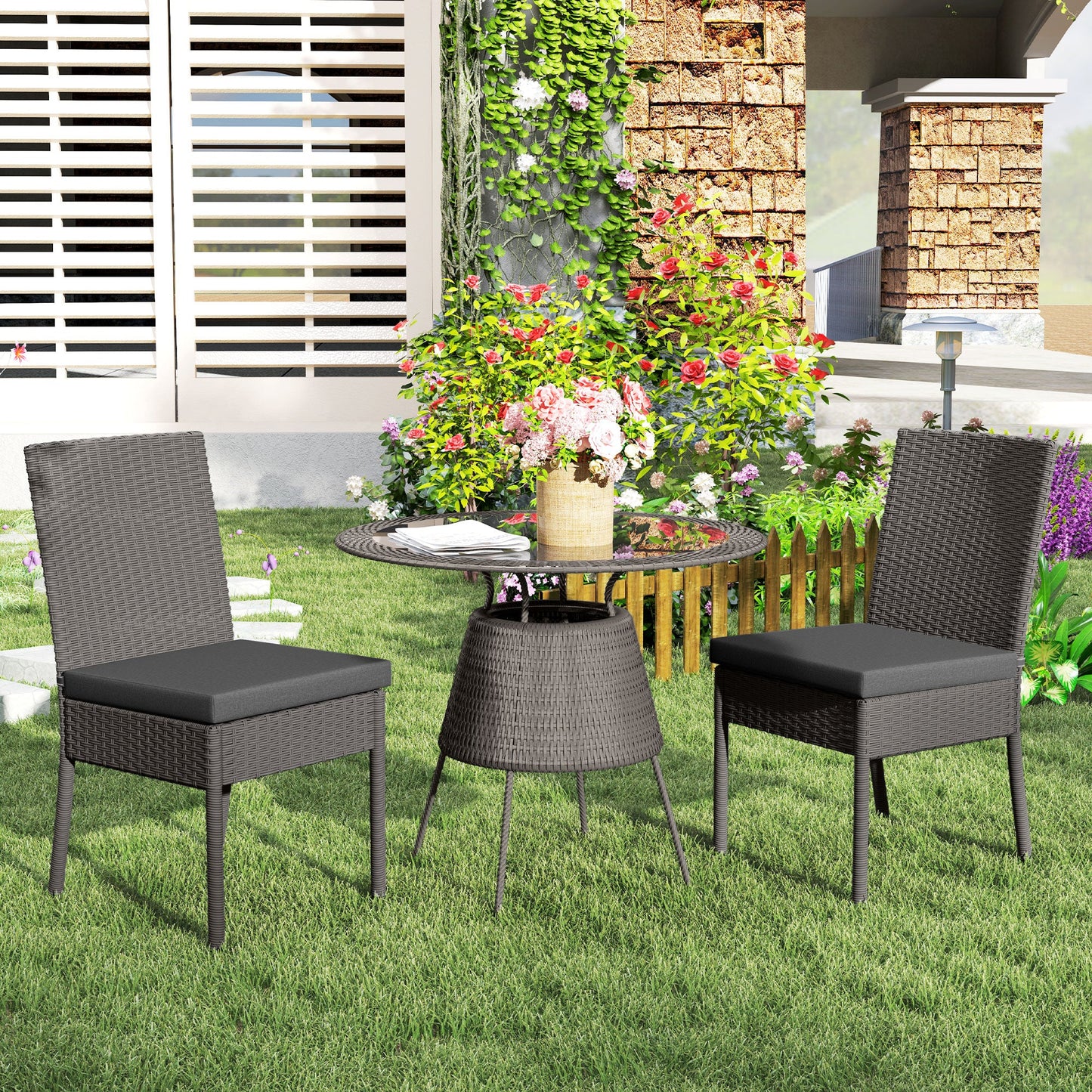2 Pieces PE Rattan Garden Chairs with Cushion, Patio Wicker Dining Chairs with Backrest for Patio, Deck, Garden, Dark Grey