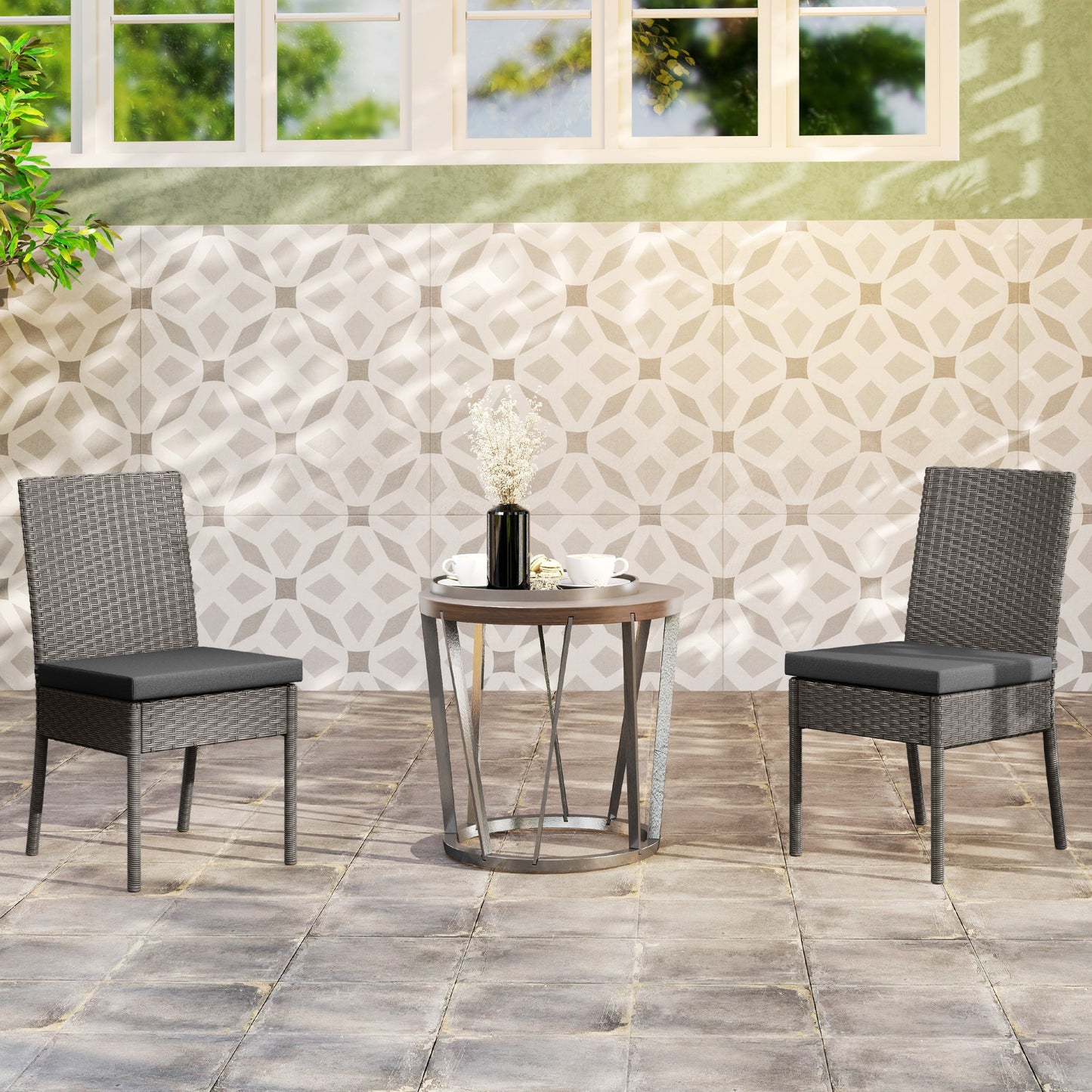 2 Pieces PE Rattan Garden Chairs with Cushion, Patio Wicker Dining Chairs with Backrest for Patio, Deck, Garden, Dark Grey