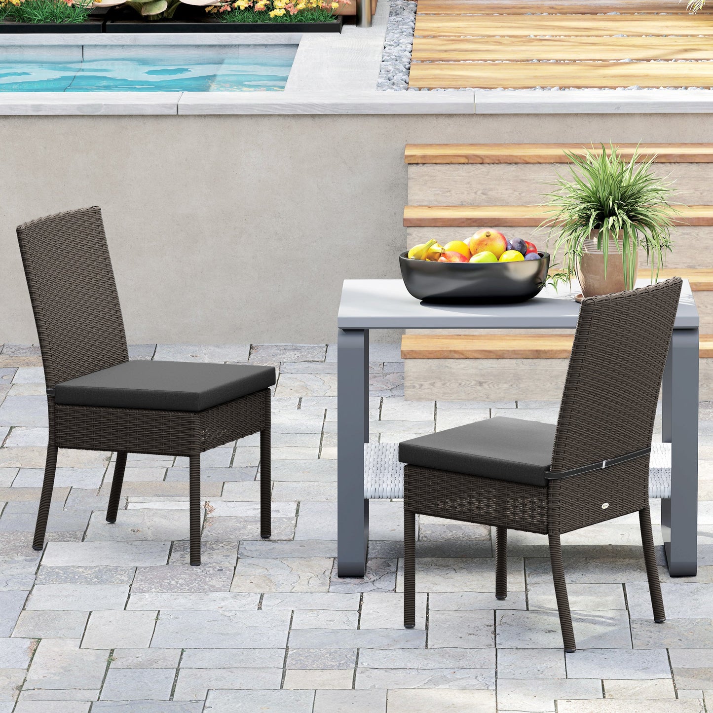 2 Pieces PE Rattan Garden Chairs with Cushion, Patio Wicker Dining Chairs with Backrest for Patio, Deck, Garden, Dark Grey