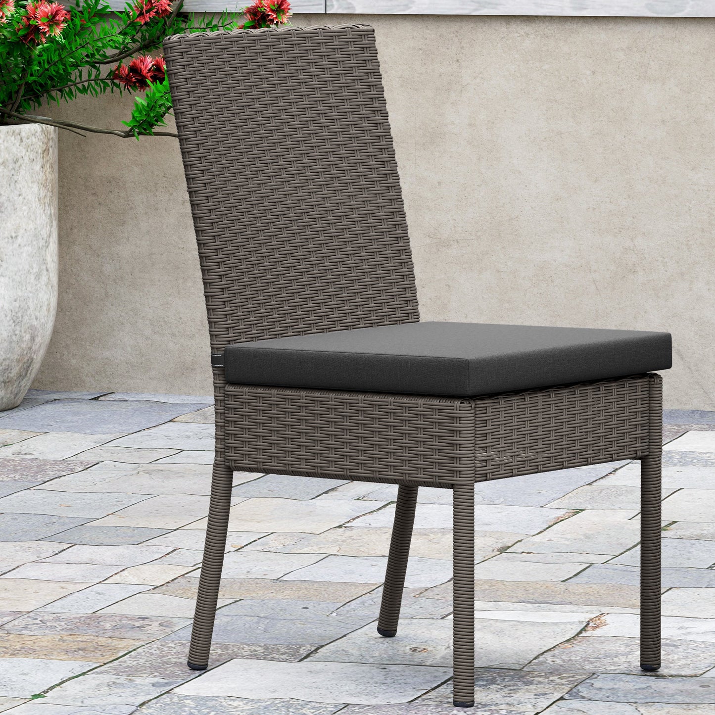 2 Pieces PE Rattan Garden Chairs with Cushion, Patio Wicker Dining Chairs with Backrest for Patio, Deck, Garden, Dark Grey