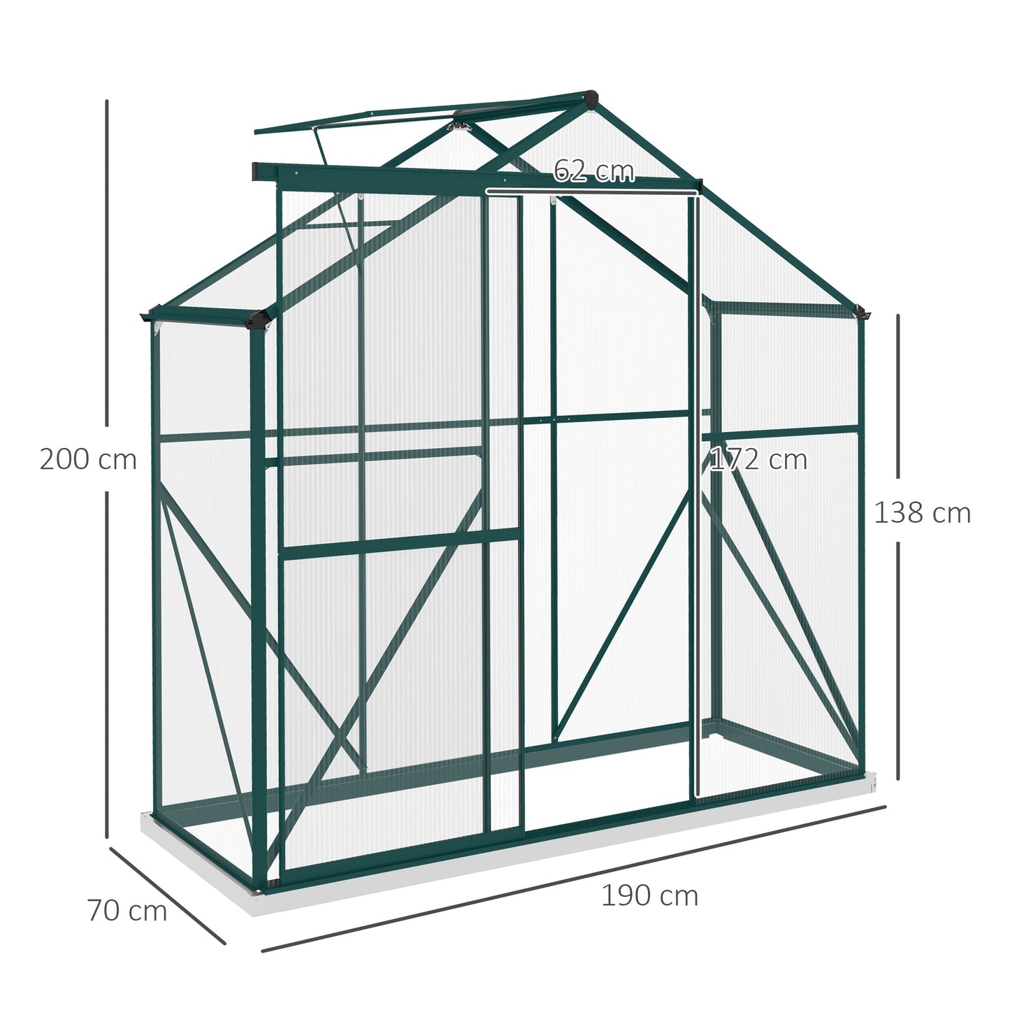 6 x 2.5ft Polycarbonate Greenhouse, Walk-In Green House with Sliding Door, 5-Level Roof Vent, Rain Gutter, Garden Plants Grow House with Aluminium Frame and Foundation, Green