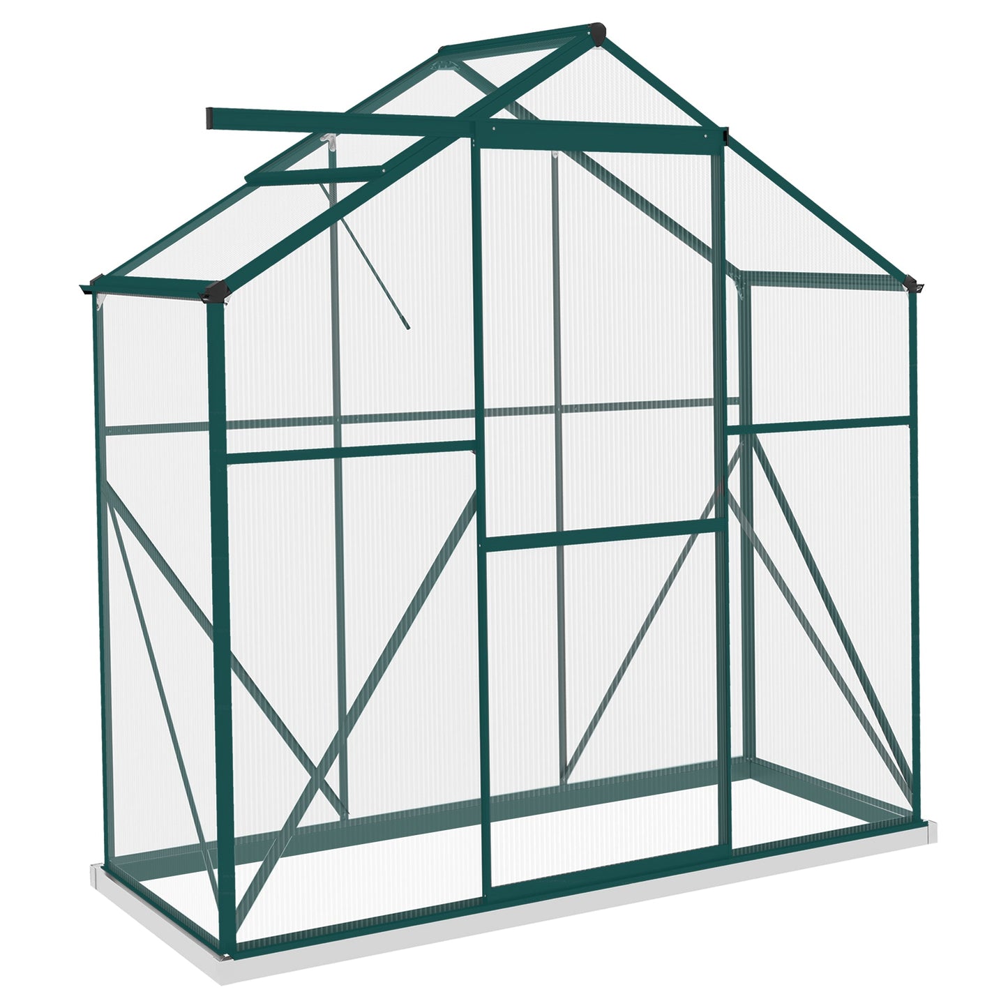 6 x 2.5ft Polycarbonate Greenhouse, Walk-In Green House with Sliding Door, 5-Level Roof Vent, Rain Gutter, Garden Plants Grow House with Aluminium Frame and Foundation, Green