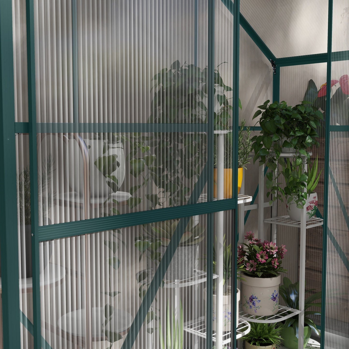 6 x 2.5ft Polycarbonate Greenhouse, Walk-In Green House with Sliding Door, 5-Level Roof Vent, Rain Gutter, Garden Plants Grow House with Aluminium Frame and Foundation, Green