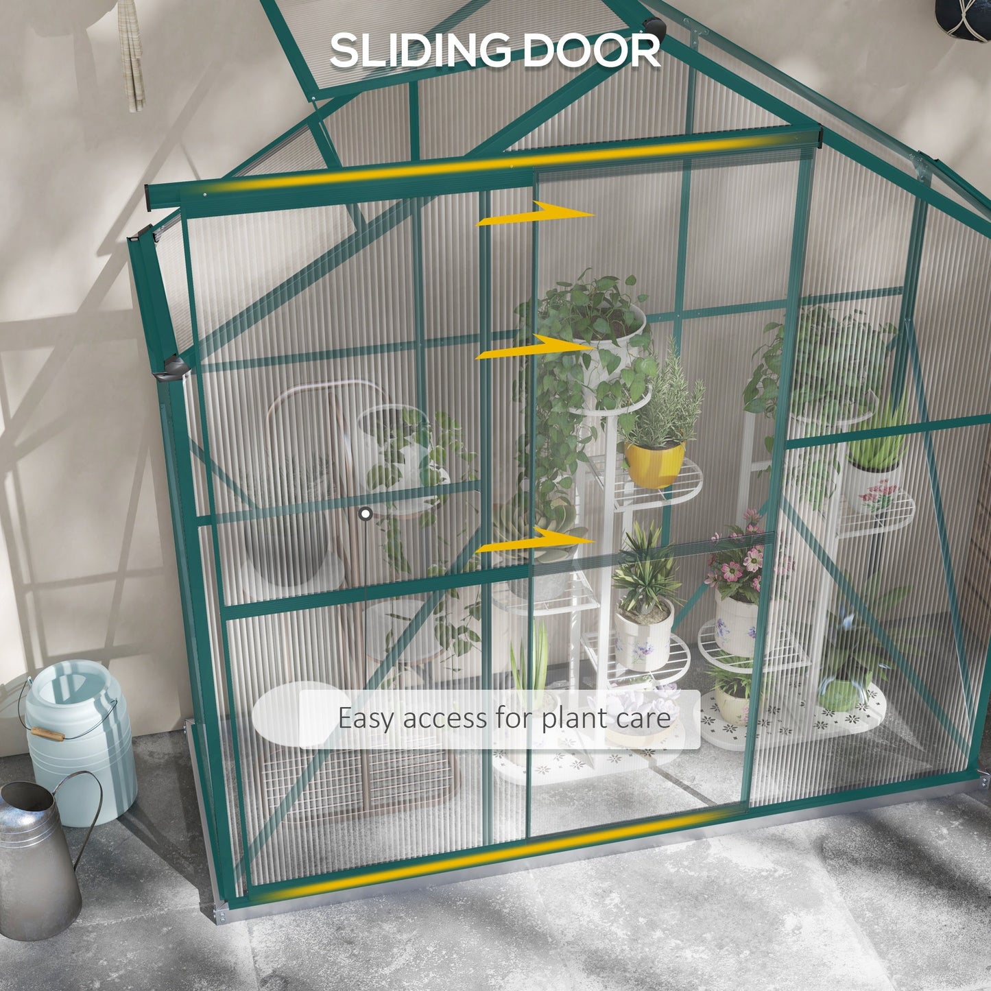 6 x 2.5ft Polycarbonate Greenhouse, Walk-In Green House with Sliding Door, 5-Level Roof Vent, Rain Gutter, Garden Plants Grow House with Aluminium Frame and Foundation, Green