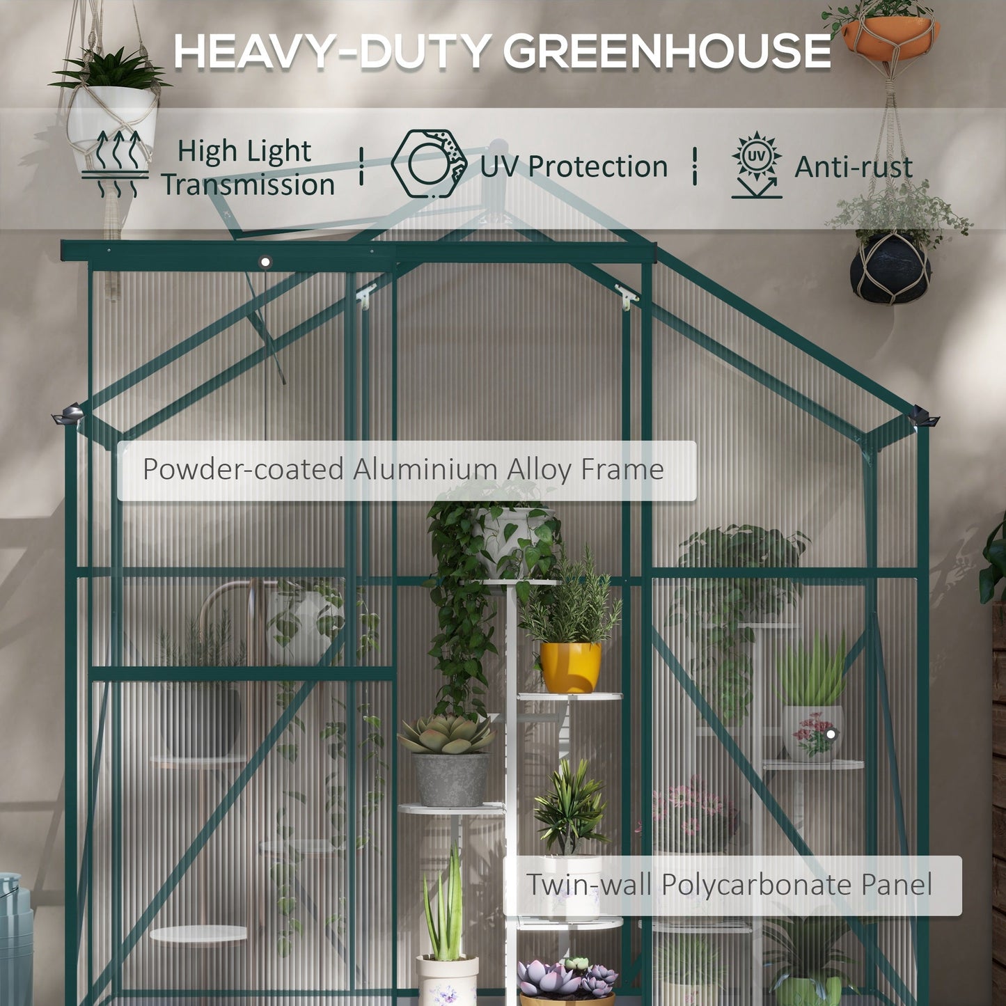 6 x 2.5ft Polycarbonate Greenhouse, Walk-In Green House with Sliding Door, 5-Level Roof Vent, Rain Gutter, Garden Plants Grow House with Aluminium Frame and Foundation, Green