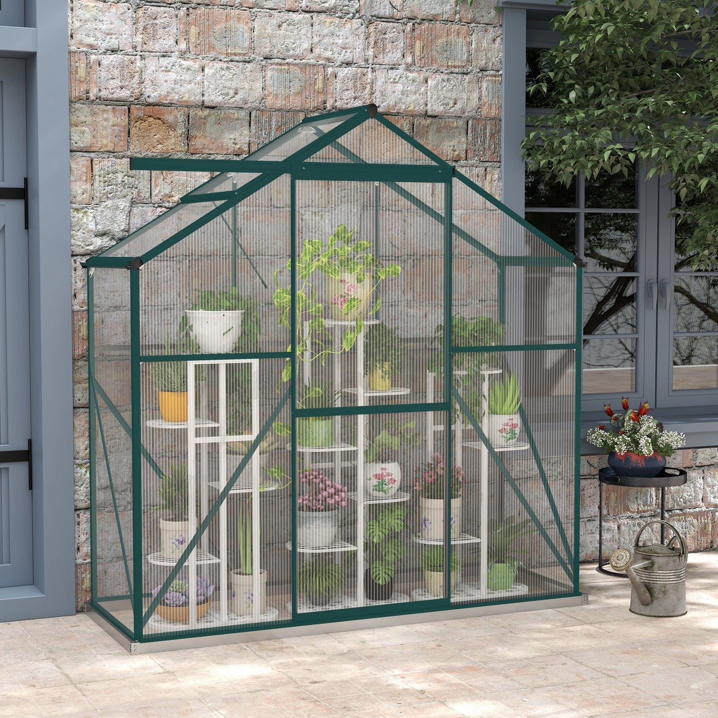6 x 2.5ft Polycarbonate Greenhouse, Walk-In Green House with Sliding Door, 5-Level Roof Vent, Rain Gutter, Garden Plants Grow House with Aluminium Frame and Foundation, Green