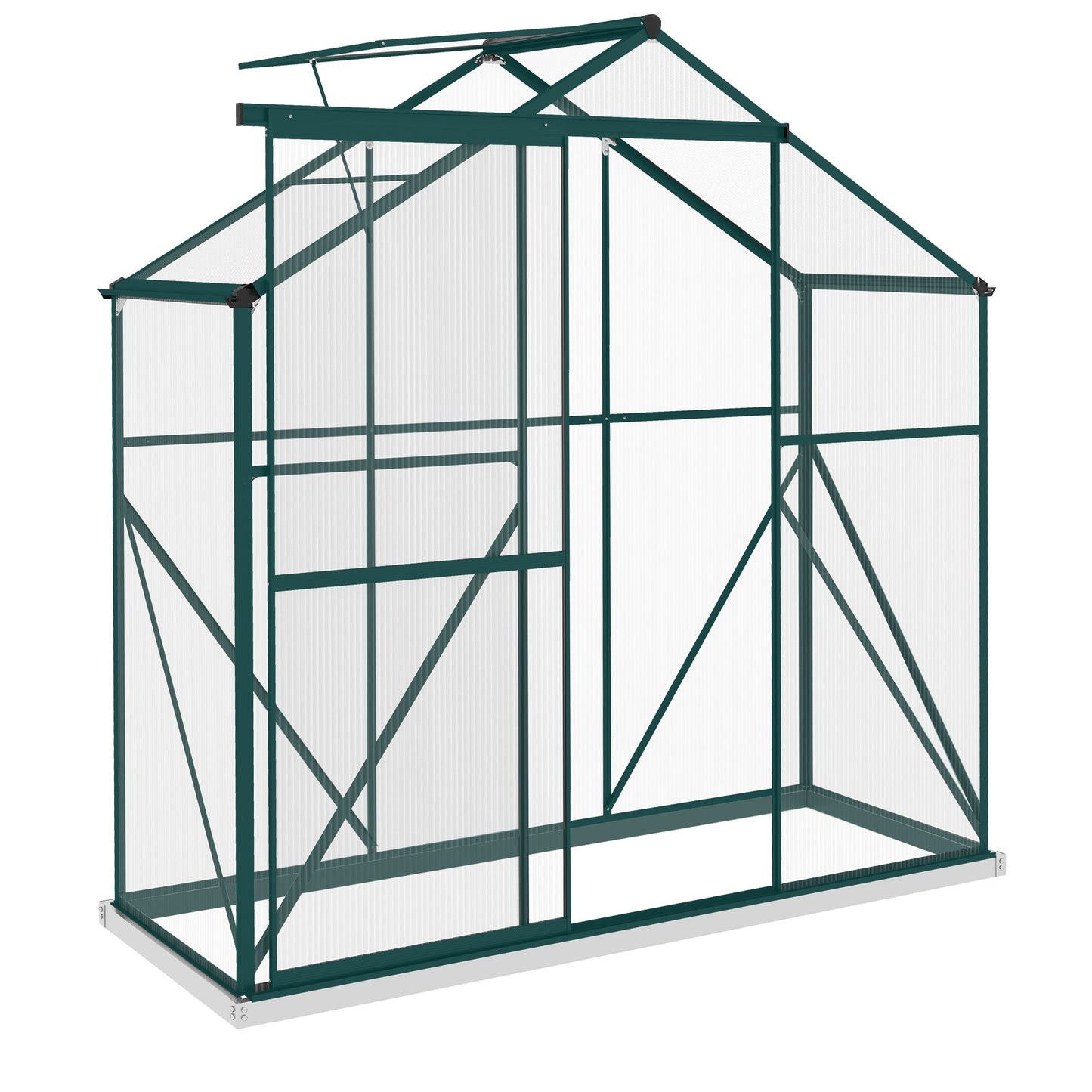 6 x 2.5ft Polycarbonate Greenhouse, Walk-In Green House with Sliding Door, 5-Level Roof Vent, Rain Gutter, Garden Plants Grow House with Aluminium Frame and Foundation, Green