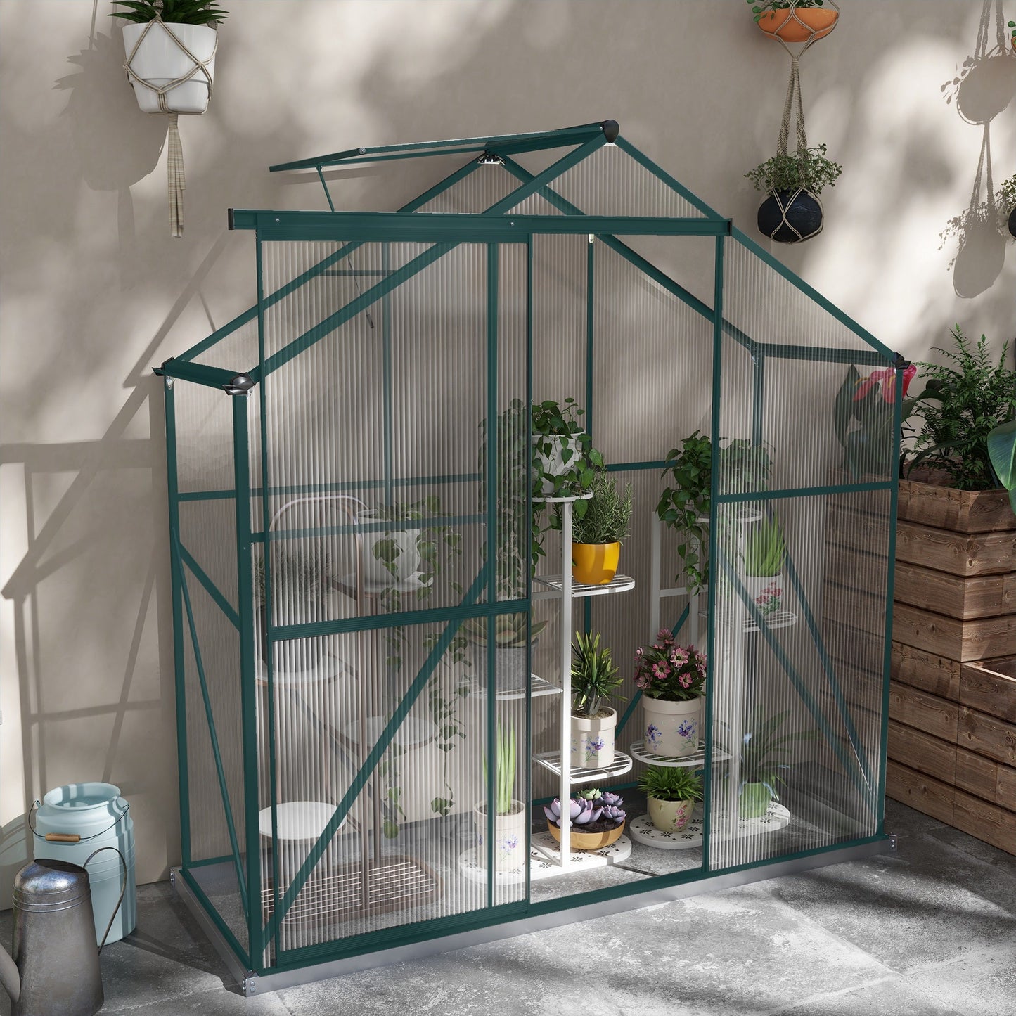6 x 2.5ft Polycarbonate Greenhouse, Walk-In Green House with Sliding Door, 5-Level Roof Vent, Rain Gutter, Garden Plants Grow House with Aluminium Frame and Foundation, Green