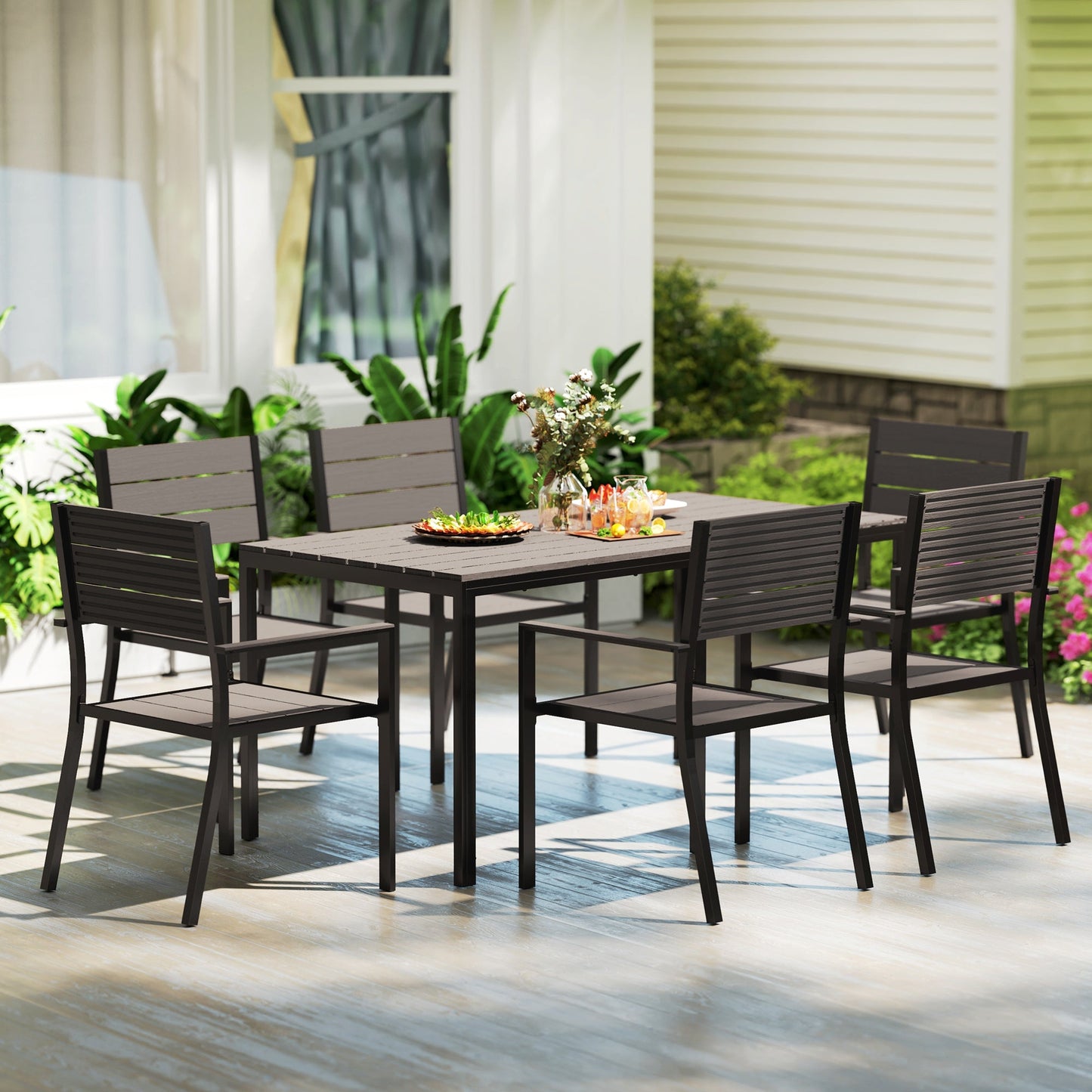 7 Piece Garden Furniture Set, 160 x 80 cm Rectangle Table and 6 Stackable Chairs Set, Outdoor Dining Set for Balcony, Deck, Dark Brown