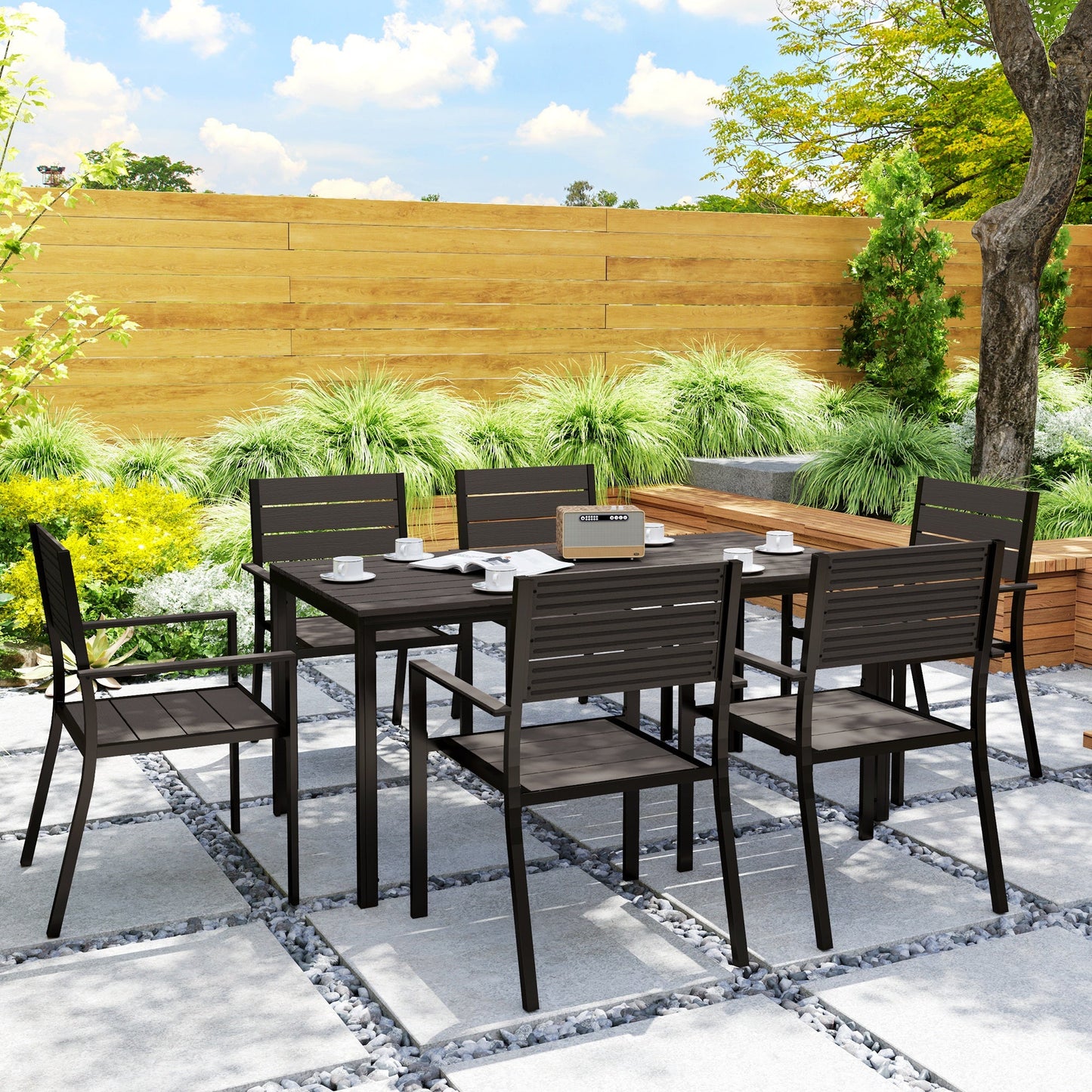 7 Piece Garden Furniture Set, 160 x 80 cm Rectangle Table and 6 Stackable Chairs Set, Outdoor Dining Set for Balcony, Deck, Dark Brown