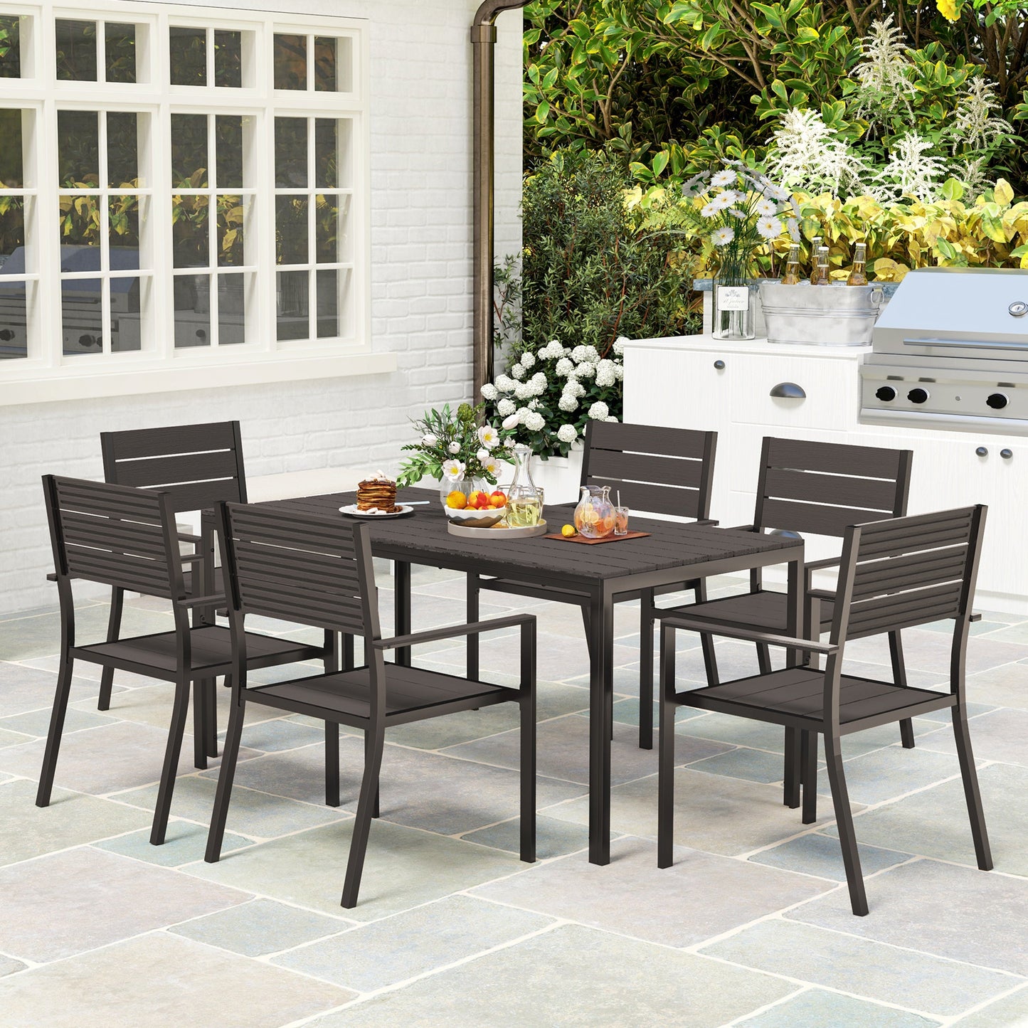 7 Piece Garden Furniture Set, 160 x 80 cm Rectangle Table and 6 Stackable Chairs Set, Outdoor Dining Set for Balcony, Deck, Dark Brown
