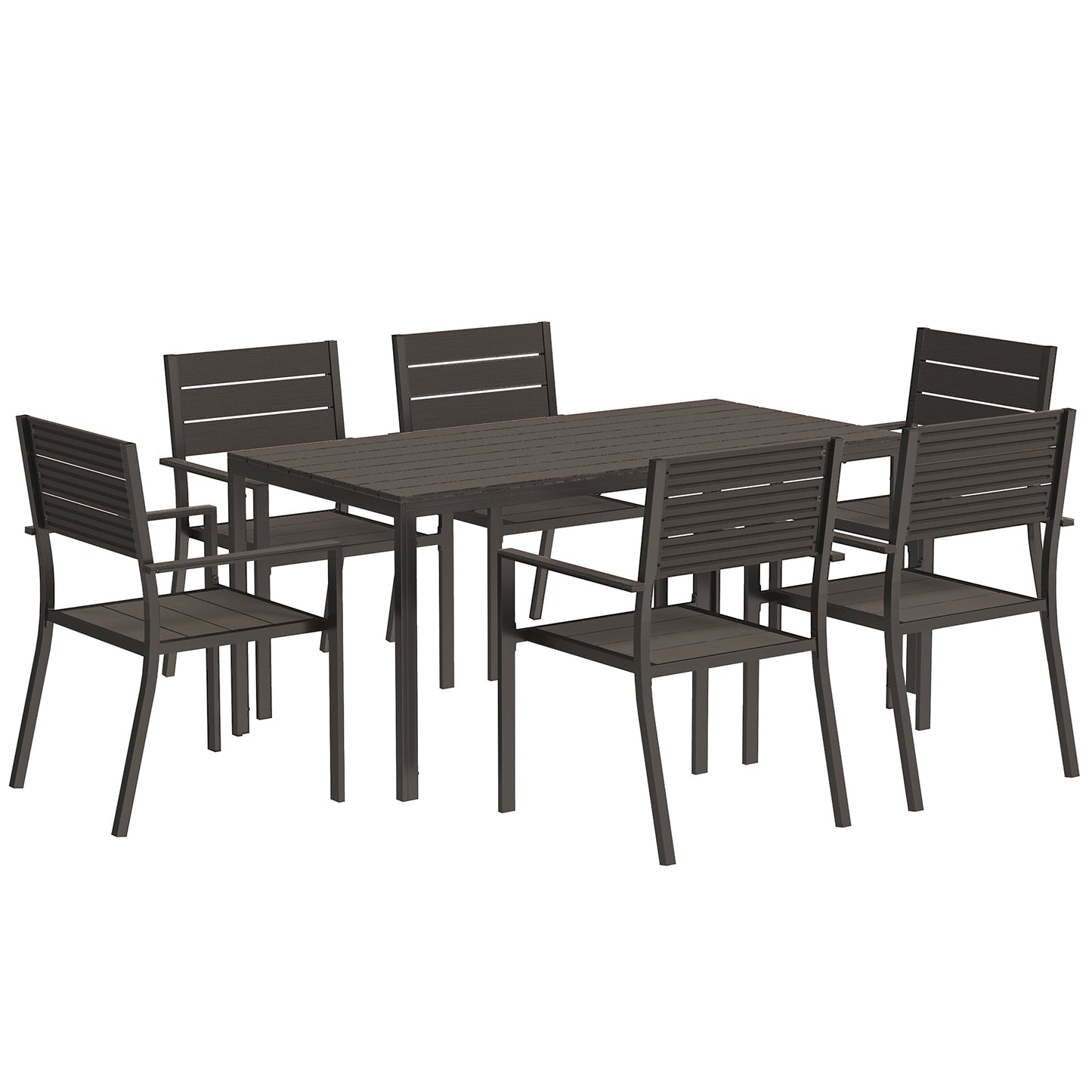 7 Piece Garden Furniture Set, 160 x 80 cm Rectangle Table and 6 Stackable Chairs Set, Outdoor Dining Set for Balcony, Deck, Dark Brown