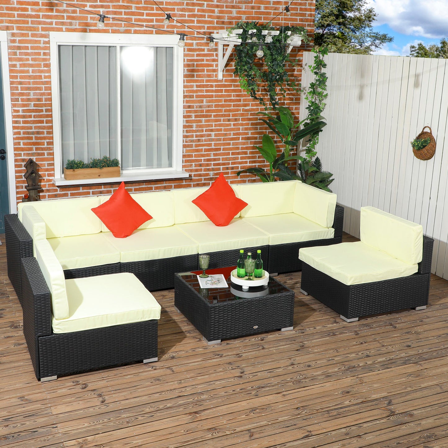 7 Pieces PE Rattan Garden Furniture Set with Thick Padded Cushion, Patio Garden Corner Sofa Sets with Glass Coffee Table and Pillows, Buckle Structure, Black