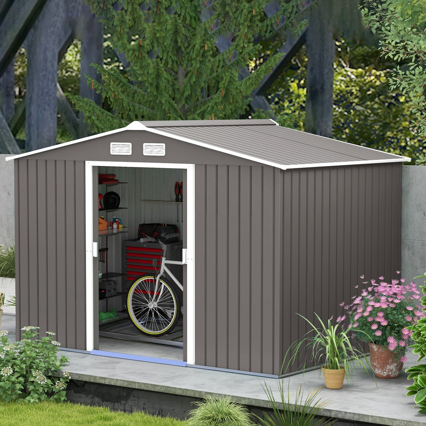 9 x 6ft Metal Garden Shed, Outdoor Storage Tool House with Ventilation Slots, Foundation Kit and Lockable Double Doors, Grey