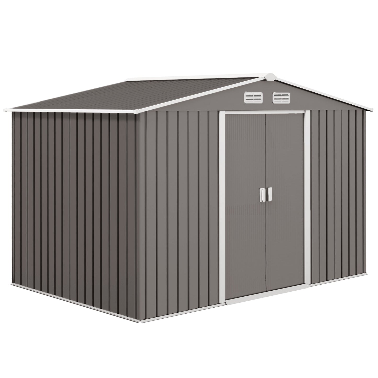 9 x 6ft Metal Garden Shed, Outdoor Storage Tool House with Ventilation Slots, Foundation Kit and Lockable Double Doors, Grey