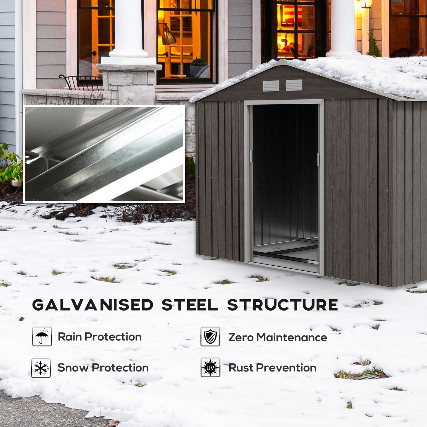 9 x 6ft Metal Garden Shed, Outdoor Storage Tool House with Ventilation Slots, Foundation Kit and Lockable Double Doors, Grey