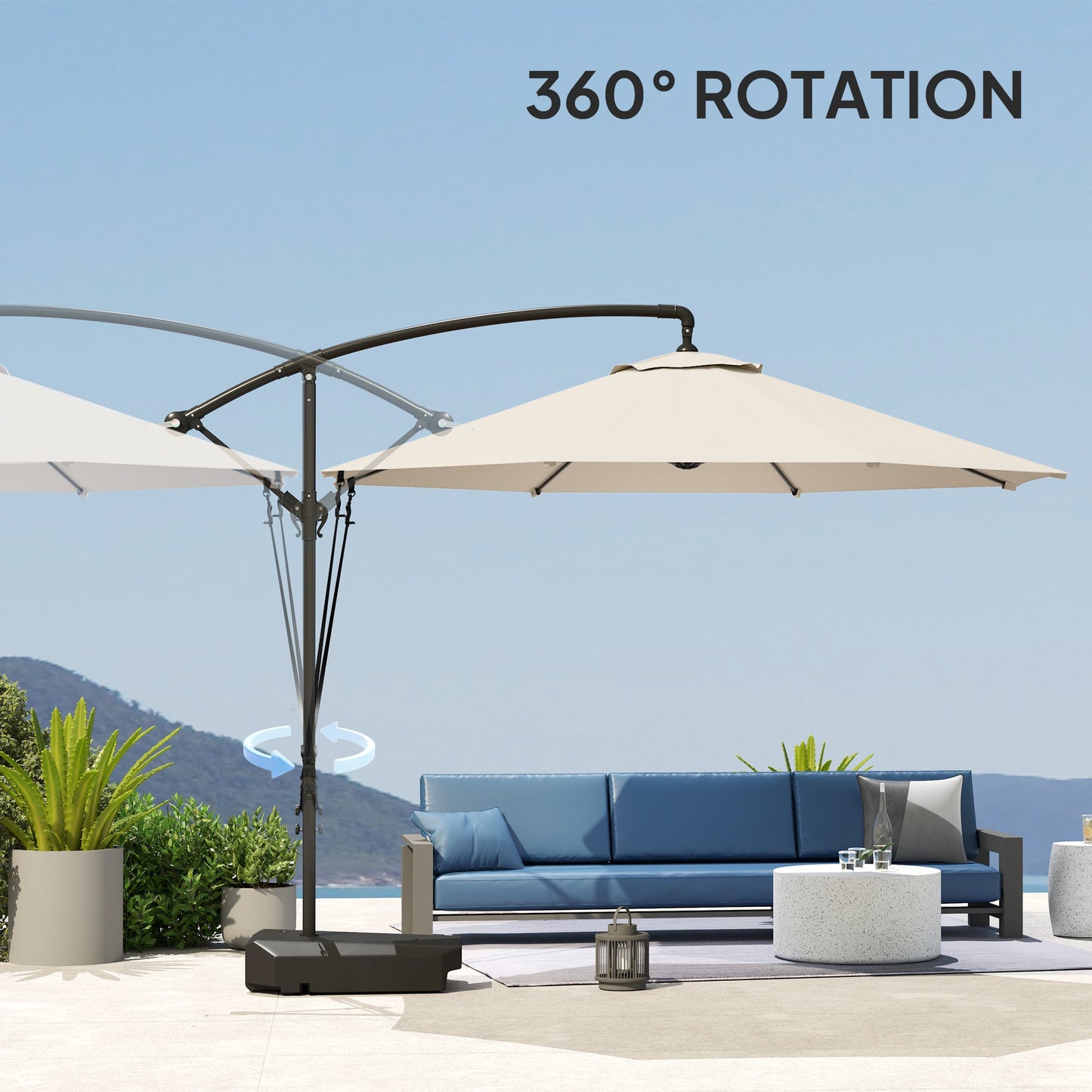3(m) Garden Cantilever Parasol with Fillable Base, Wind Protection Strap, Cover, Round Banana Hanging Umbrella with Crank Handle and Tilt, Patio Umbrella for Outdoor Sun Shade, UPF50+, Cream