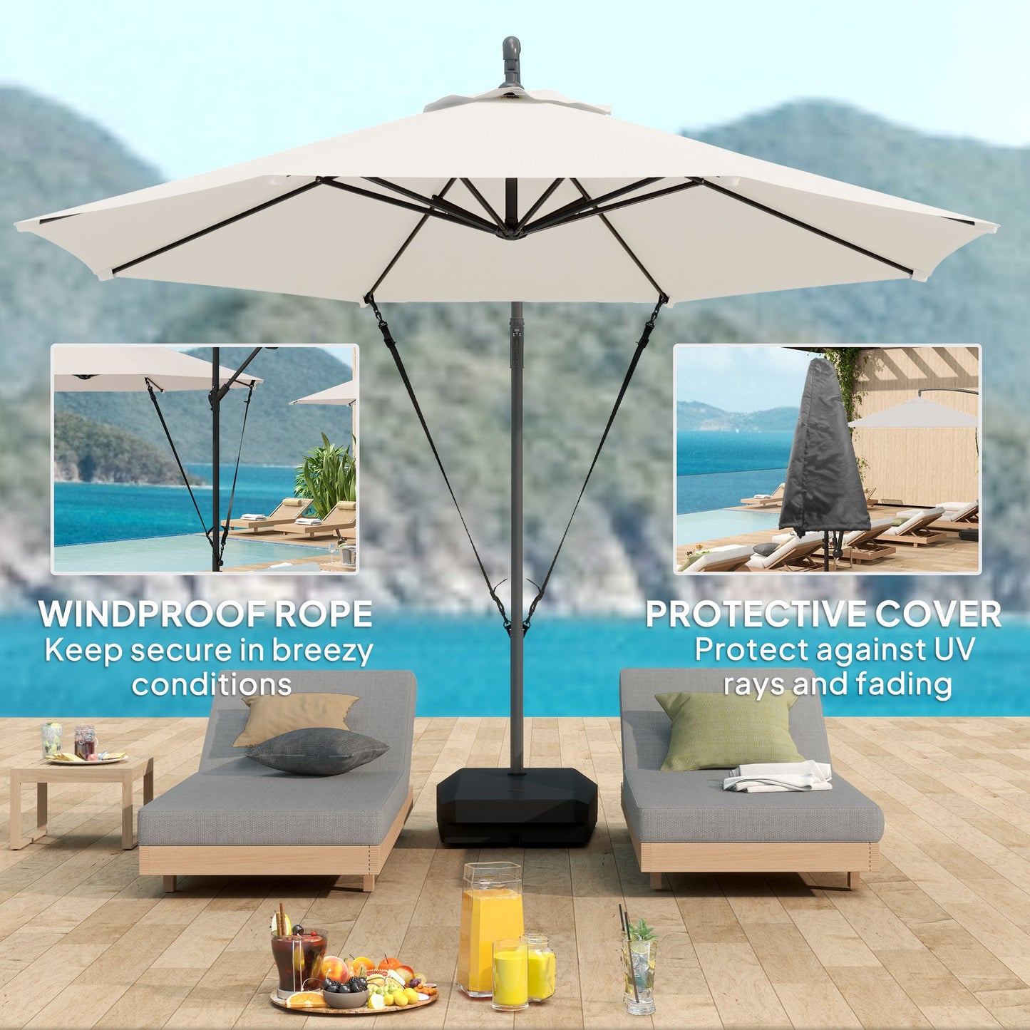 3(m) Garden Cantilever Parasol with Fillable Base, Wind Protection Strap, Cover, Round Banana Hanging Umbrella with Crank Handle and Tilt, Patio Umbrella for Outdoor Sun Shade, UPF50+, Cream