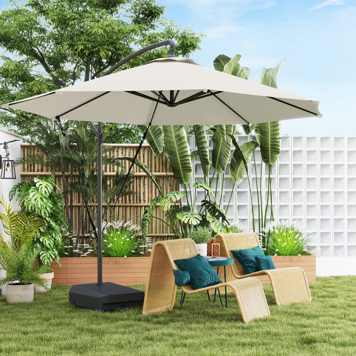 3(m) Garden Cantilever Parasol with Fillable Base, Wind Protection Strap, Cover, Round Banana Hanging Umbrella with Crank Handle and Tilt, Patio Umbrella for Outdoor Sun Shade, UPF50+, Cream
