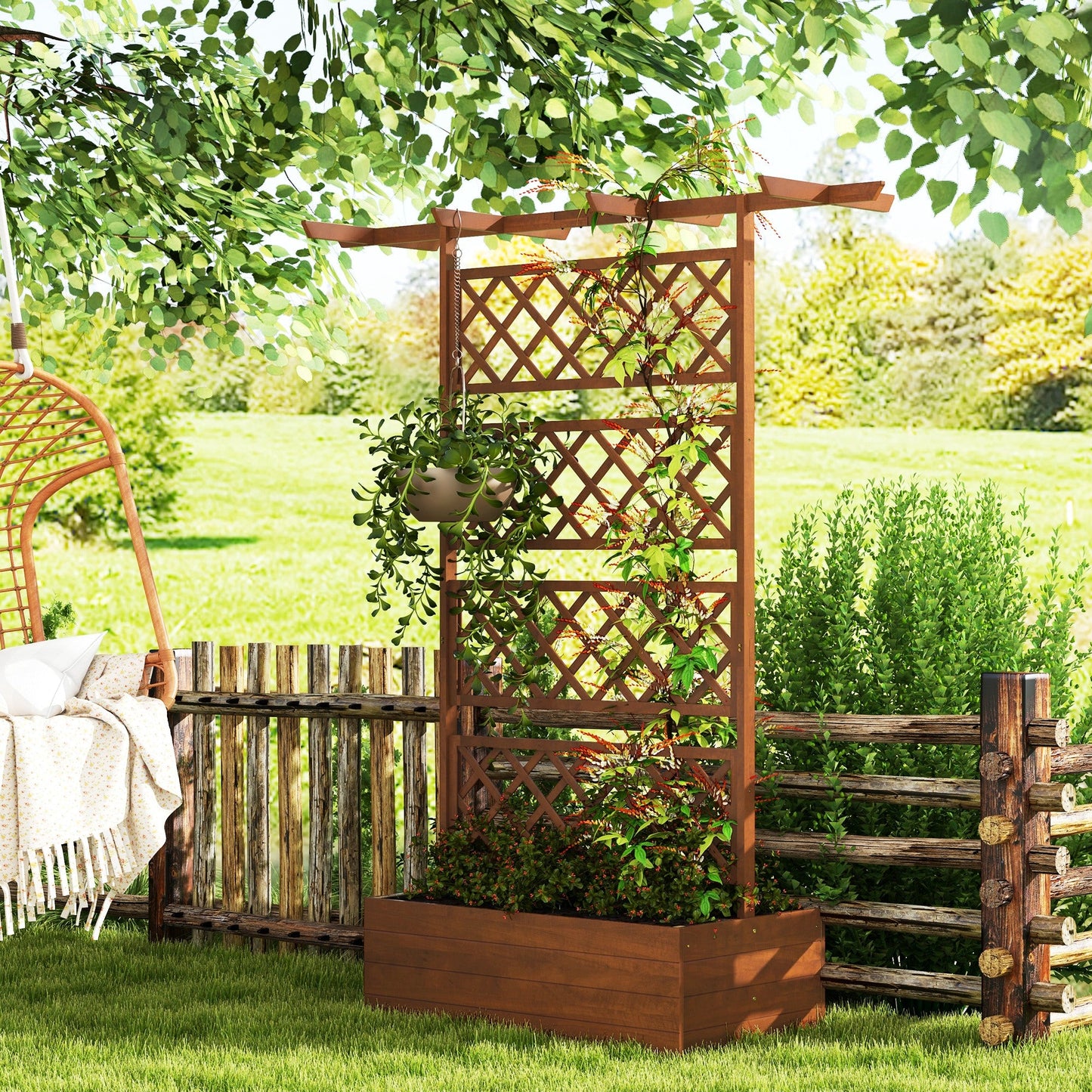 Wood Planter with Trellis, Raised Garden Bed Privacy Screen Planter Box to Grow Vegetables, Herbs and Flowers for Garden, Patio, Deck, Orange