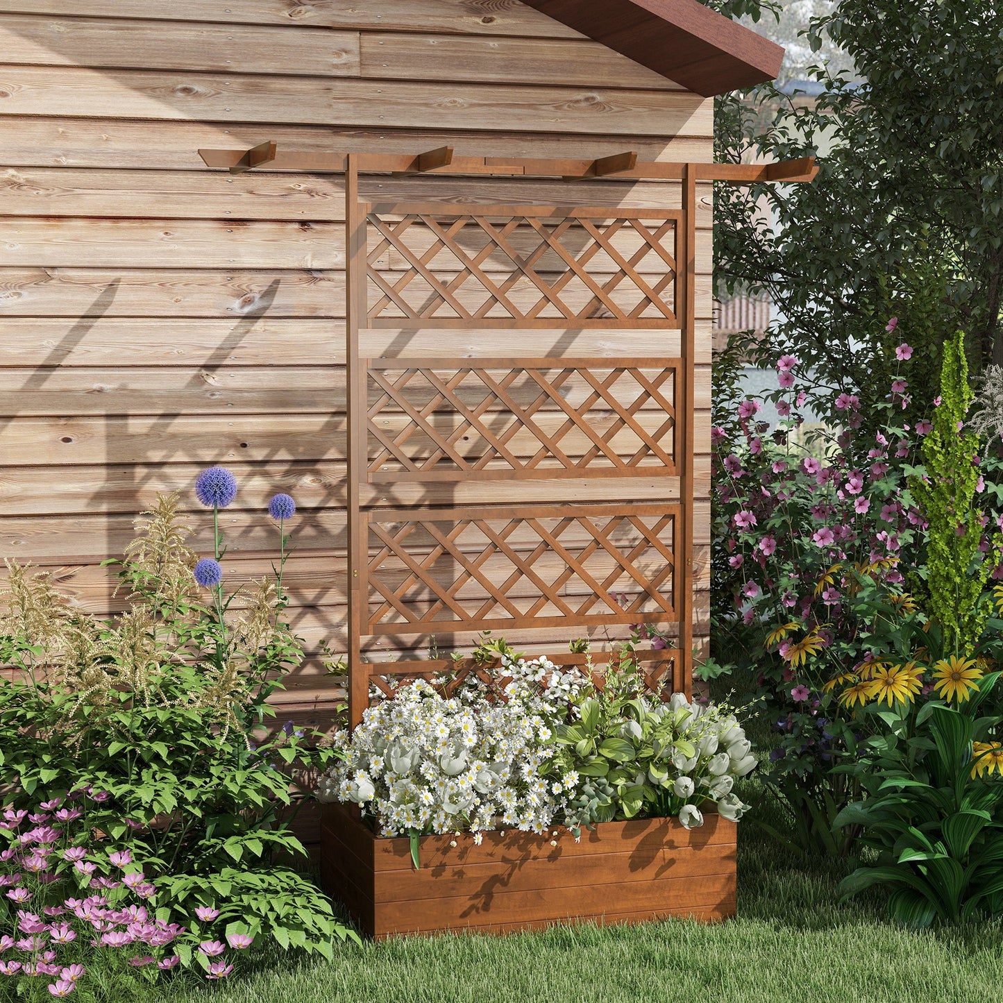 Wood Planter with Trellis, Raised Garden Bed Privacy Screen Planter Box to Grow Vegetables, Herbs and Flowers for Garden, Patio, Deck, Orange