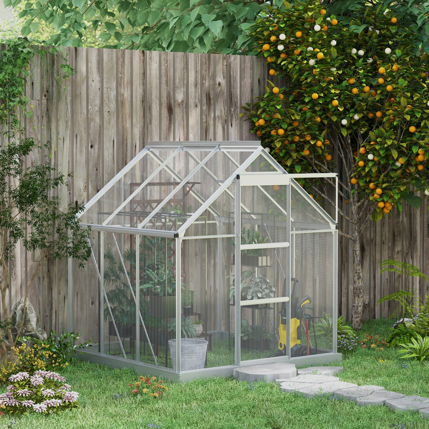 6 x 6ft Polycarbonate Greenhouse, Walk-In Greenhouse with Sliding Door, Adjustable Window, Aluminium Frame and Foundation, Garden Grow House with Rain Gutter, Silver