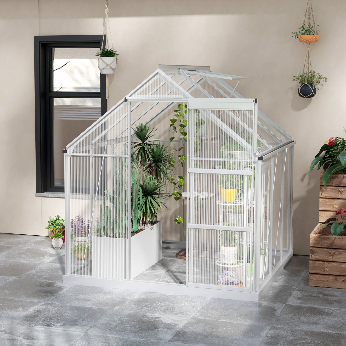 6 x 6ft Polycarbonate Greenhouse, Walk-In Greenhouse with Sliding Door, Adjustable Window, Aluminium Frame and Foundation, Garden Grow House with Rain Gutter, Silver