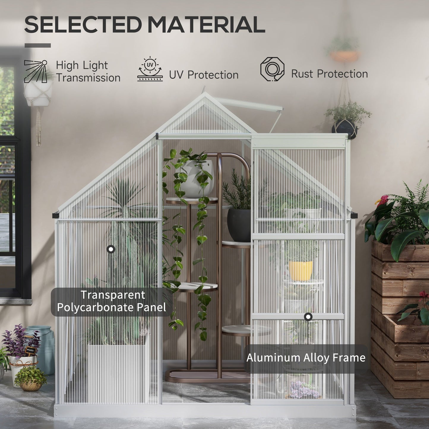 6 x 6ft Polycarbonate Greenhouse, Walk-In Greenhouse with Sliding Door, Adjustable Window, Aluminium Frame and Foundation, Garden Grow House with Rain Gutter, Silver