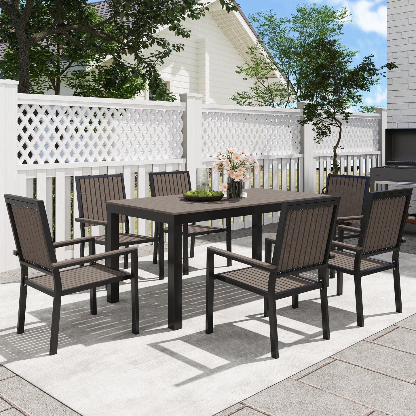6 Seater Garden Dining Set with Stackable Chairs, Aluminium Frame, Rectangular Plastic Top, Garden Furniture Set, Outdoor Dining Table and Chairs for Patio, Balcony, Poolside, Brown