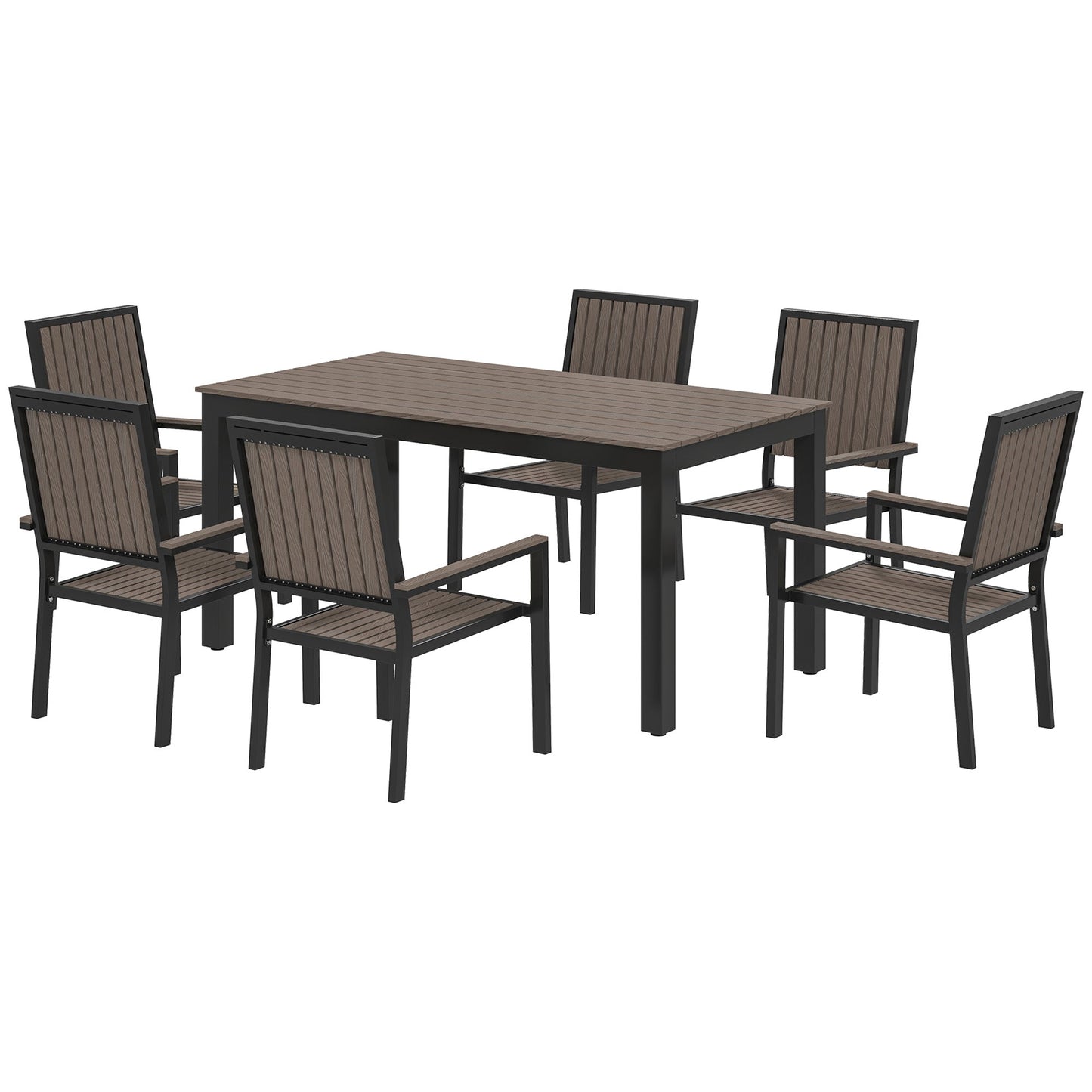 6 Seater Garden Dining Set with Stackable Chairs, Aluminium Frame, Rectangular Plastic Top, Garden Furniture Set, Outdoor Dining Table and Chairs for Patio, Balcony, Poolside, Brown