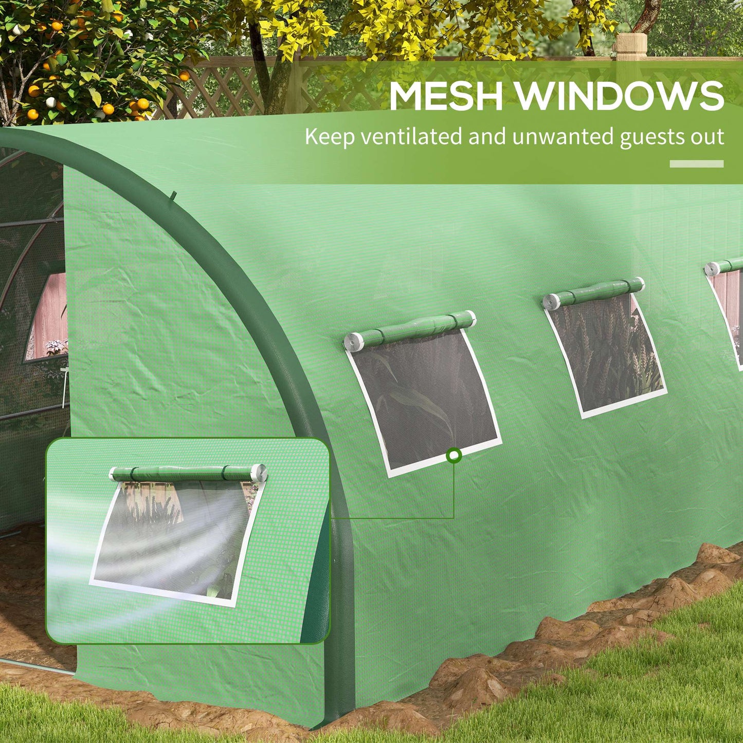 6 x 3(m) Walk-in Polytunnel Greenhouse with Upgraded Structure, 2 Hinged Doors, 8 Mesh Windows, Tunnel Warm House Tent with UV-resistant PE Cover, Green