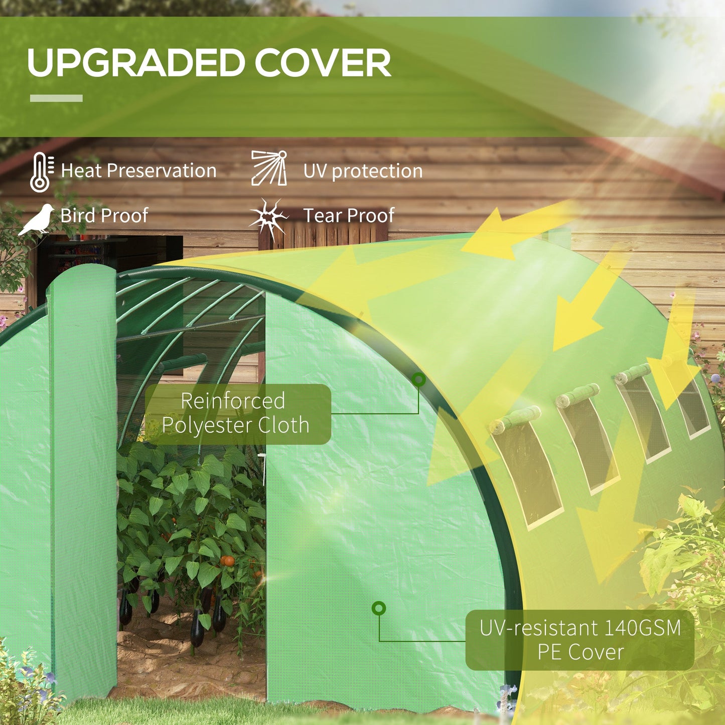 6 x 3(m) Walk-in Polytunnel Greenhouse with Upgraded Structure, 2 Hinged Doors, 8 Mesh Windows, Tunnel Warm House Tent with UV-resistant PE Cover, Green