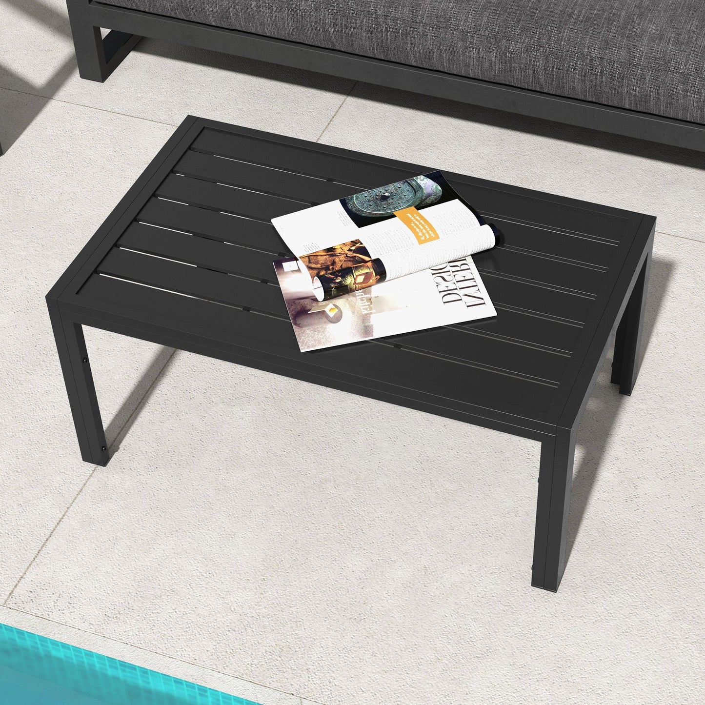 Garden Coffee Table, Rectangular Patio Side Table with Steel Frame and Slat Tabletop for Outdoor, Balcony, 101.5 x 61cm, Black