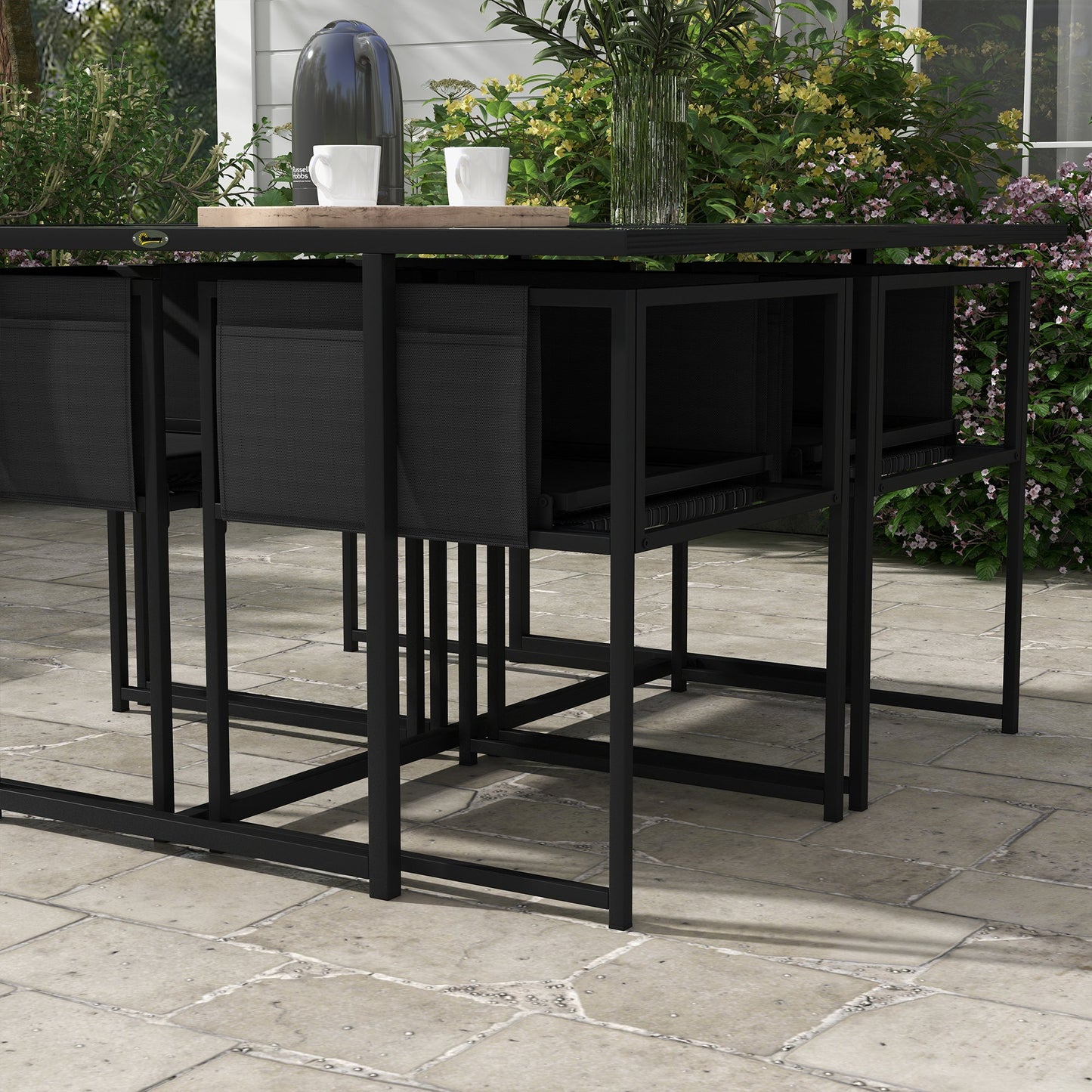 5 Piece Garden Dining Set, 4 Seater Outdoor Table and Chairs with Texteline Seat, Space Saving Cube Set with Foldable Backrest, Tempered Glass Table Top, for Patio, Black