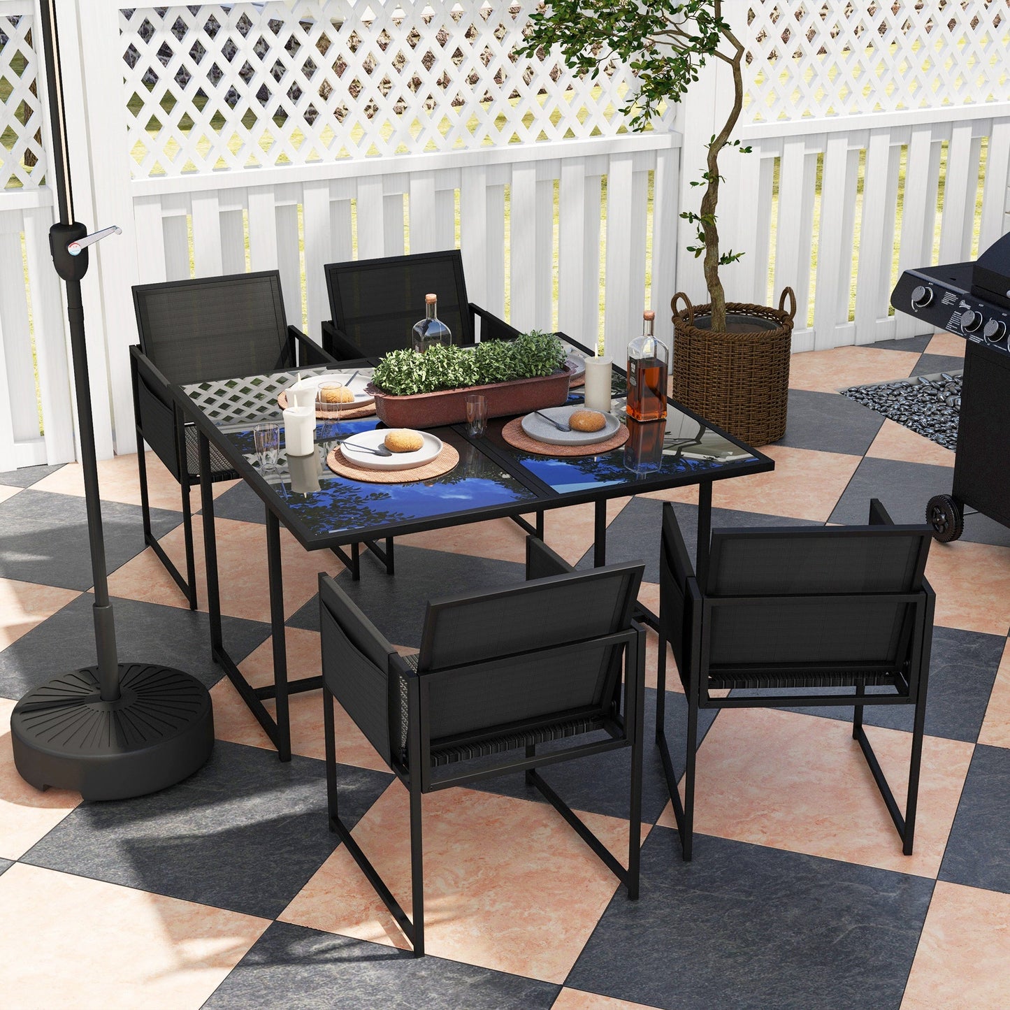 5 Piece Garden Dining Set, 4 Seater Outdoor Table and Chairs with Texteline Seat, Space Saving Cube Set with Foldable Backrest, Tempered Glass Table Top, for Patio, Black