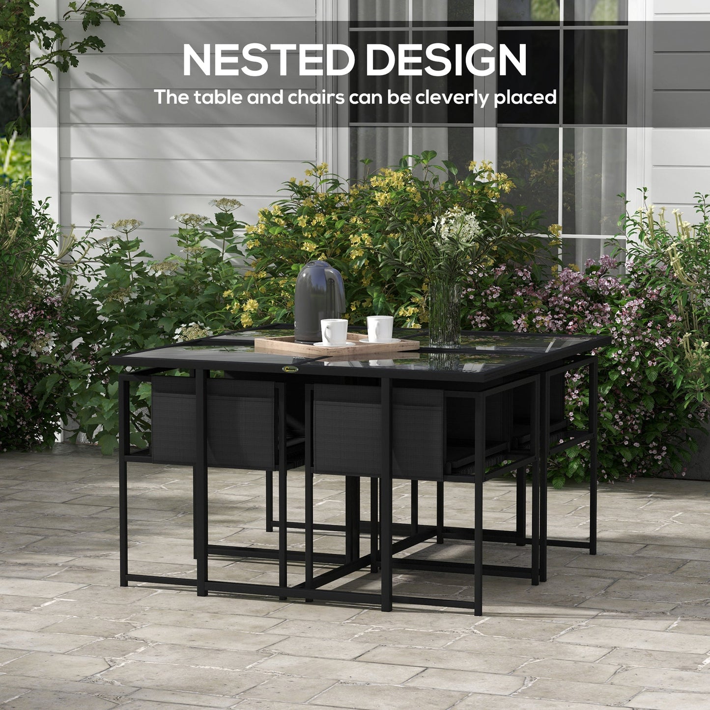 5 Piece Garden Dining Set, 4 Seater Outdoor Table and Chairs with Texteline Seat, Space Saving Cube Set with Foldable Backrest, Tempered Glass Table Top, for Patio, Black