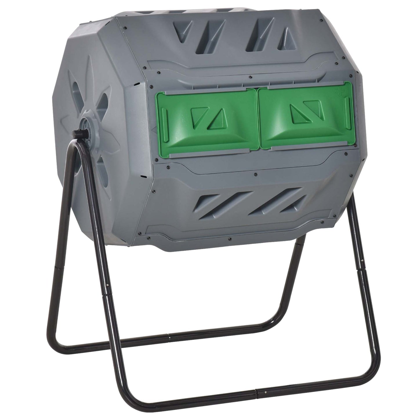 160L Tumbling Compost Bin Outdoor Dual Chamber 360° Rotating Composter, Garden Compost Bin w/ Sliding Doors & Solid Steel Frame, Grey