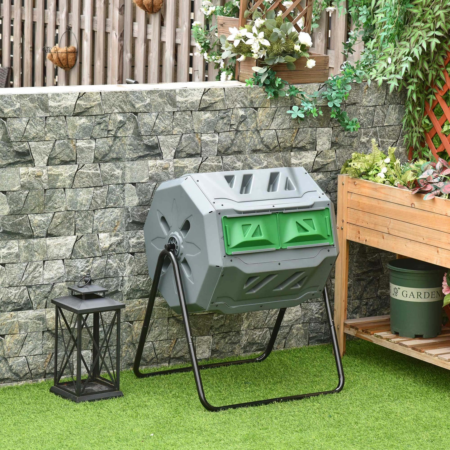 160L Tumbling Compost Bin Outdoor Dual Chamber 360° Rotating Composter, Garden Compost Bin w/ Sliding Doors & Solid Steel Frame, Grey