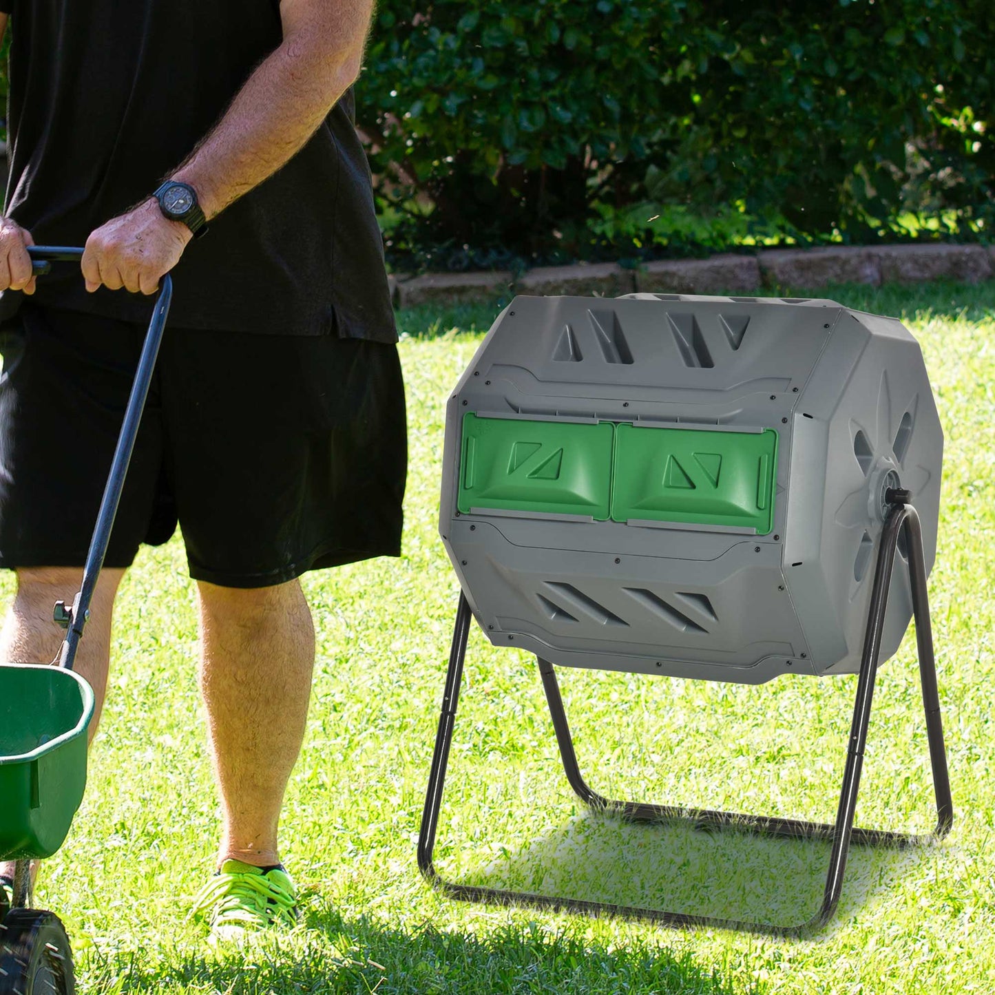 160L Tumbling Compost Bin Outdoor Dual Chamber 360° Rotating Composter, Garden Compost Bin w/ Sliding Doors & Solid Steel Frame, Grey