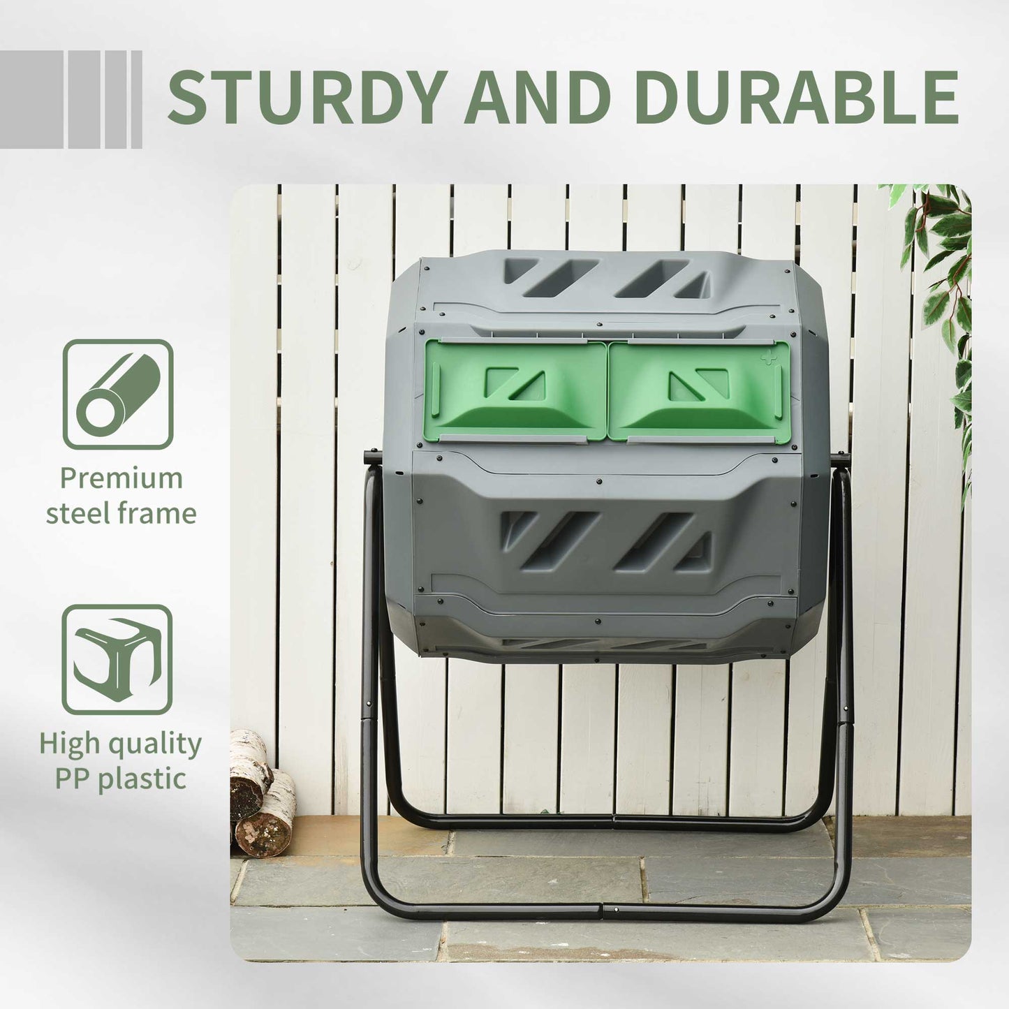 160L Tumbling Compost Bin Outdoor Dual Chamber 360° Rotating Composter, Garden Compost Bin w/ Sliding Doors & Solid Steel Frame, Grey