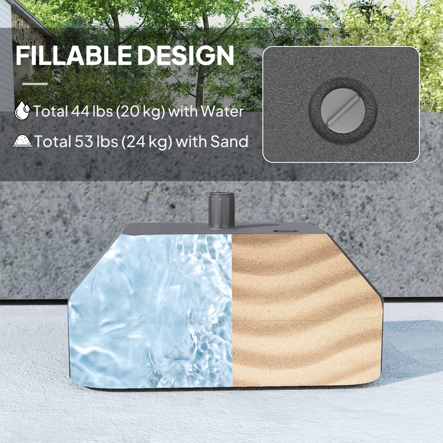 Fillable Garden Parasol Base, Heavy Duty Parasol Base Stand Outdoor Umbrella Stand, Filled Up to 24kg with Stand or 20kg with Water, Sun Umbrella Base for 38 mm Poles, Black