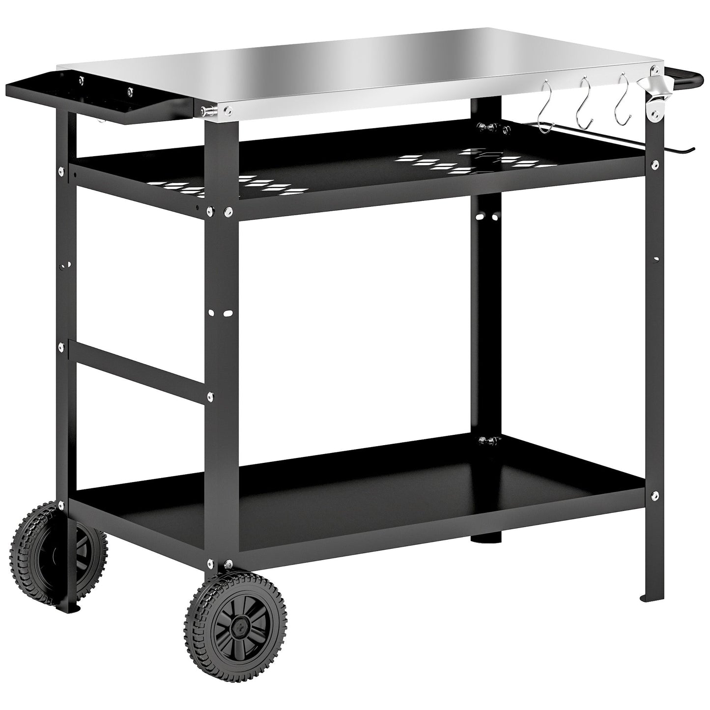 BBQ Trolley with Stainless Steel Top Adjustable Shelf, Outdoor Kitchen BBQ Station with Hooks Seasoning Tray Towel Rack, Pizza Oven Table Movable Outdoor Grill Dining Cart with Cover, Black